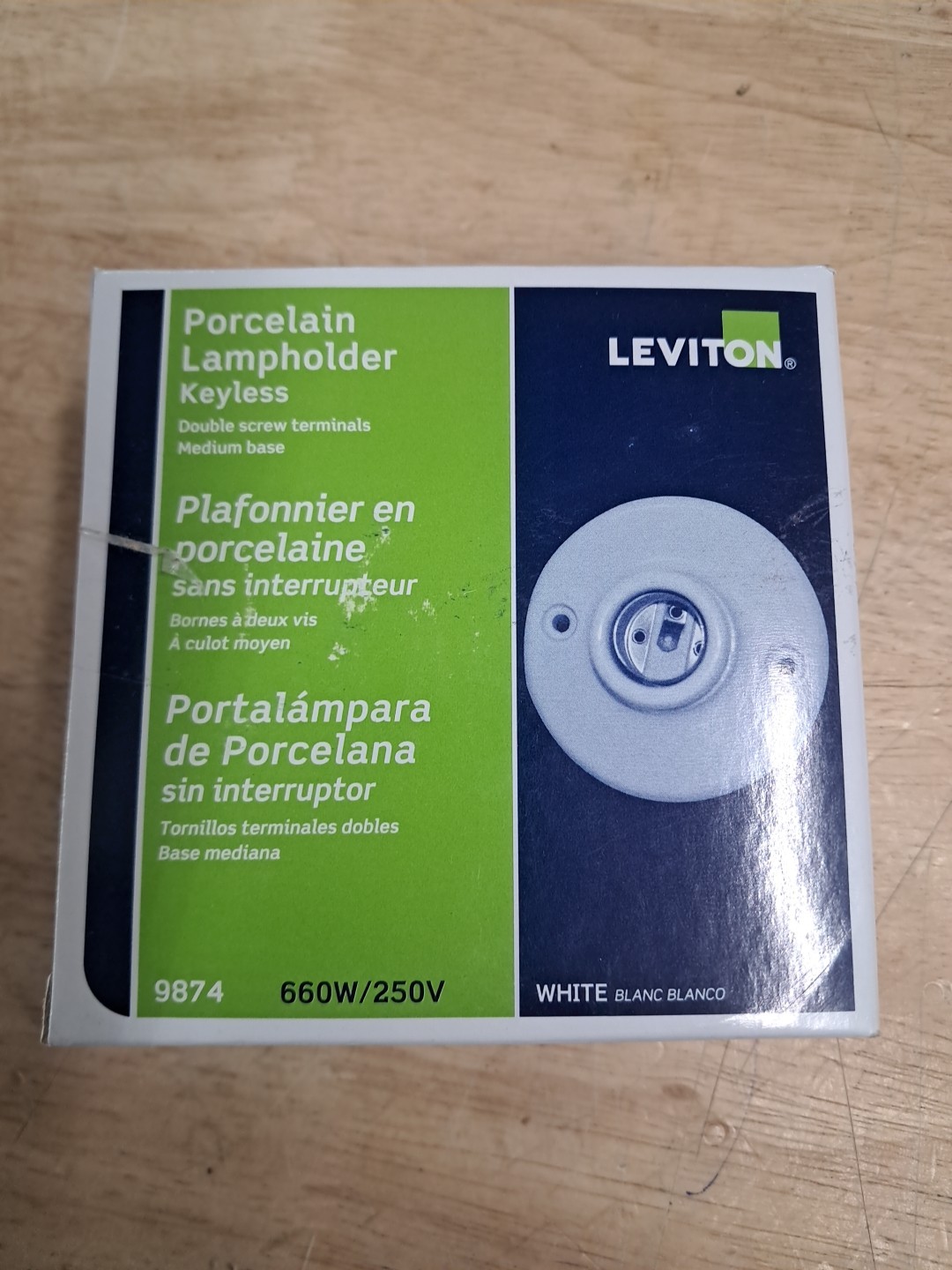 Leviton 9874 Medium Base One-Piece Glazed Porcelain Outlet Box Mount New