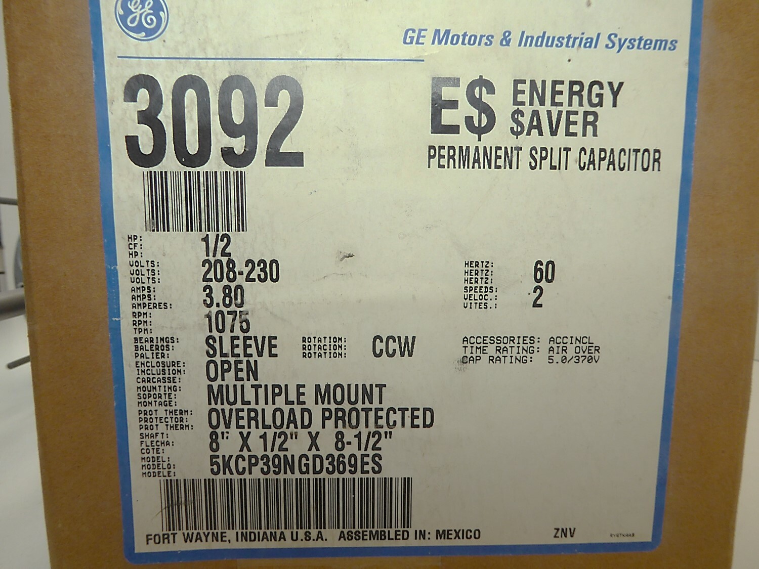 GE 5KCP39NGD369ES 1/2HP 1075RPM 208-230V Stock #3092 NEW IN BOX