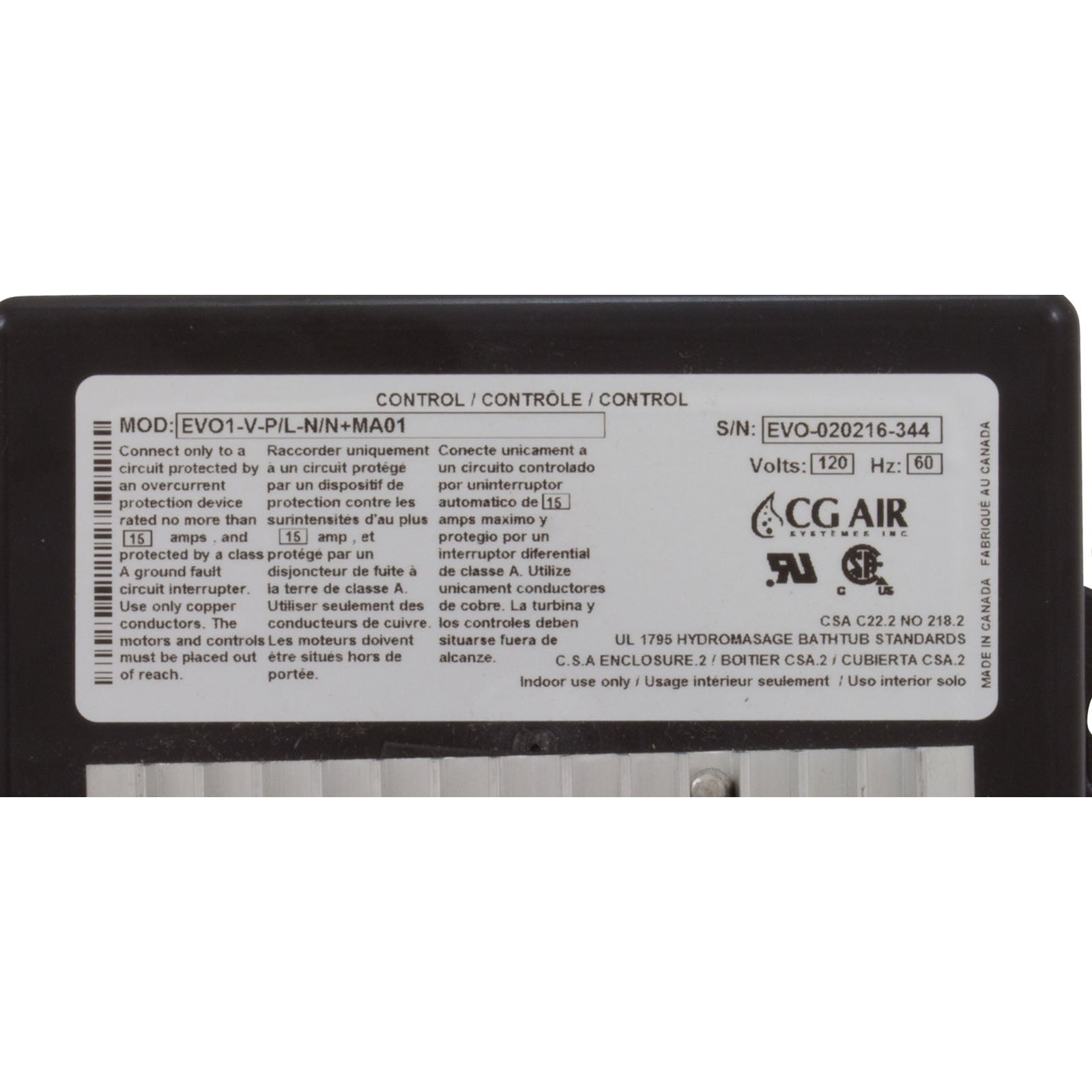 CG AIR SYSTEMS EVO1-V-P/L-N/N+CG14 Electronic Bath Control 115V/230V Spa Parts