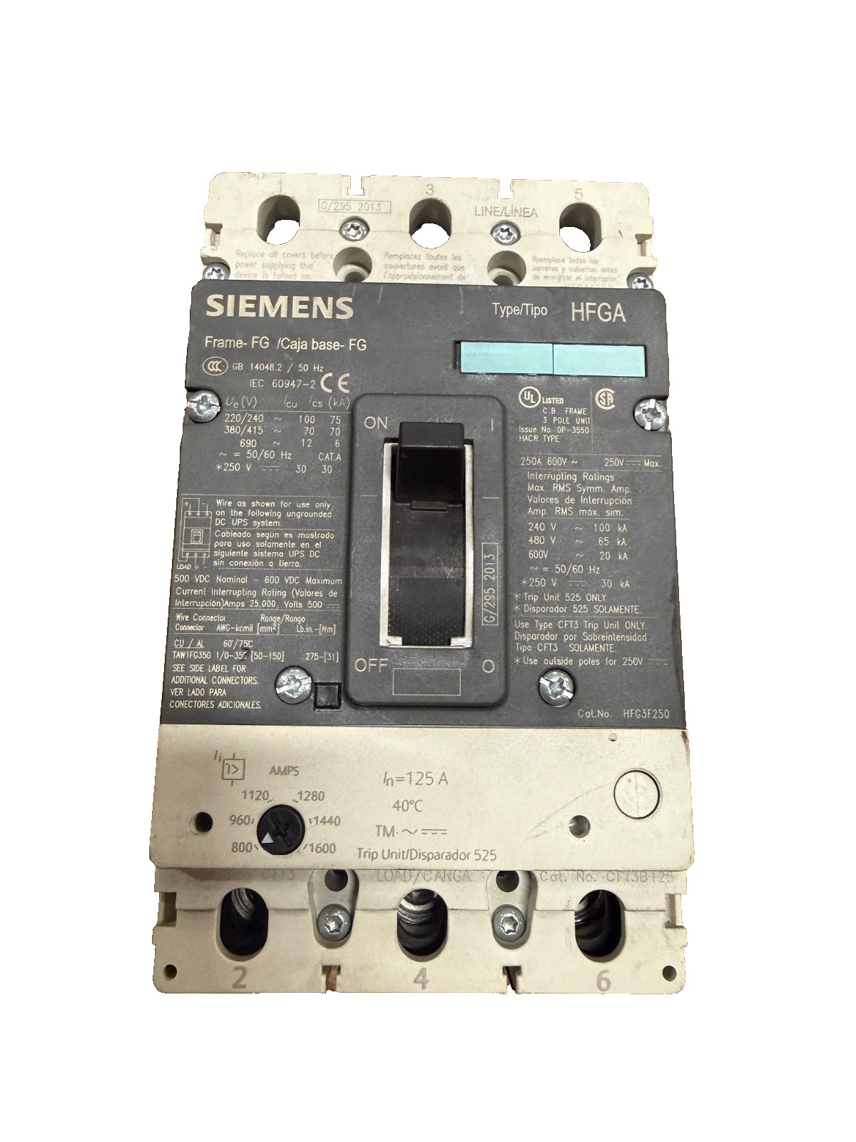 SIEMENS HFG3F250 CIRCUIT BREAKER 3POLE 250AMP 480V CFT3B100 (TESTED)