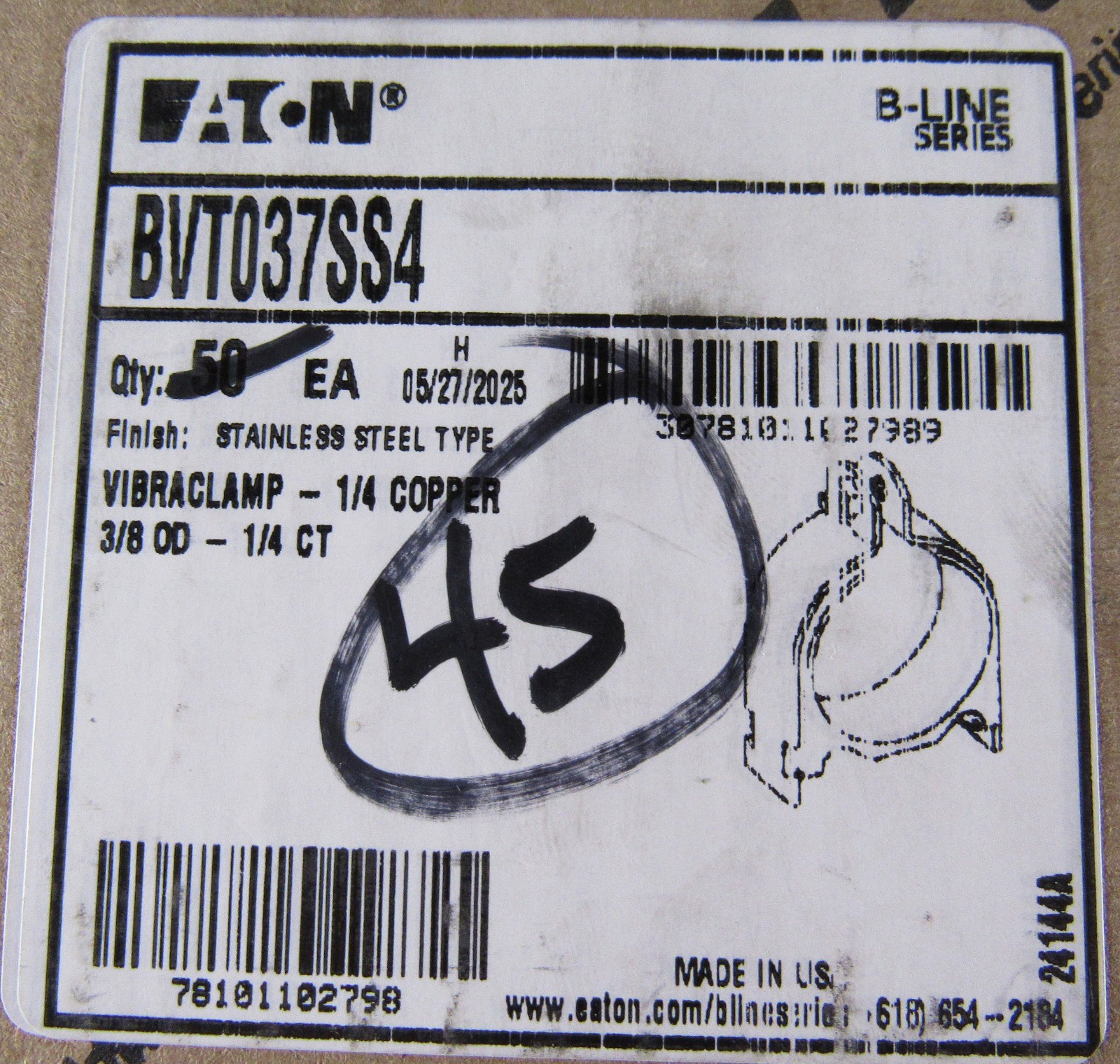 Eaton BVT037SS4 Vibra-Clamp 3/8″ O.D Channel Mounted Stainless Steel (45) USA