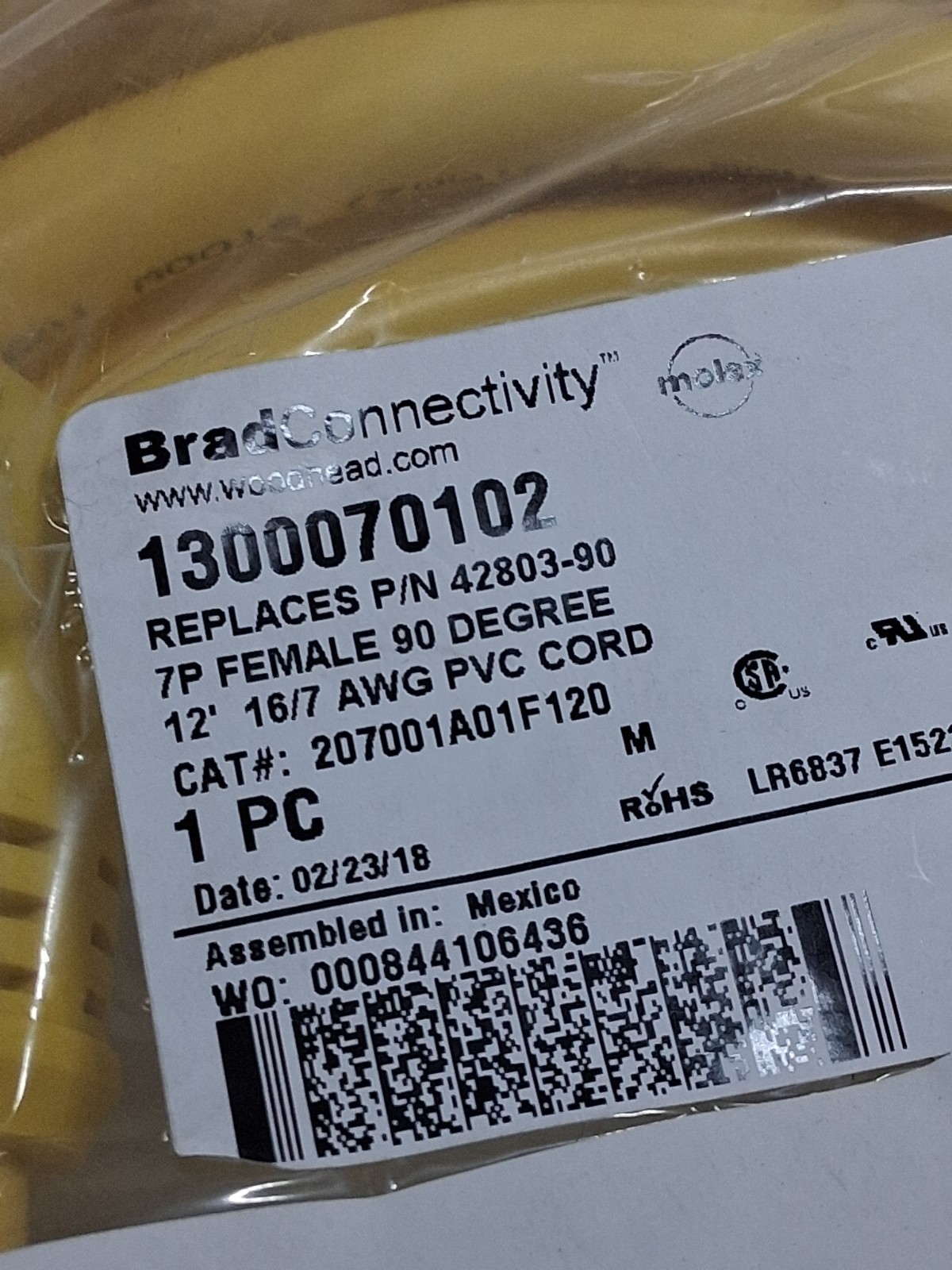 WOODHEAD BRAD CONNECTIVITY 1300070102 CORDSET 7P FEMALE 12′ AWG PVC NIB