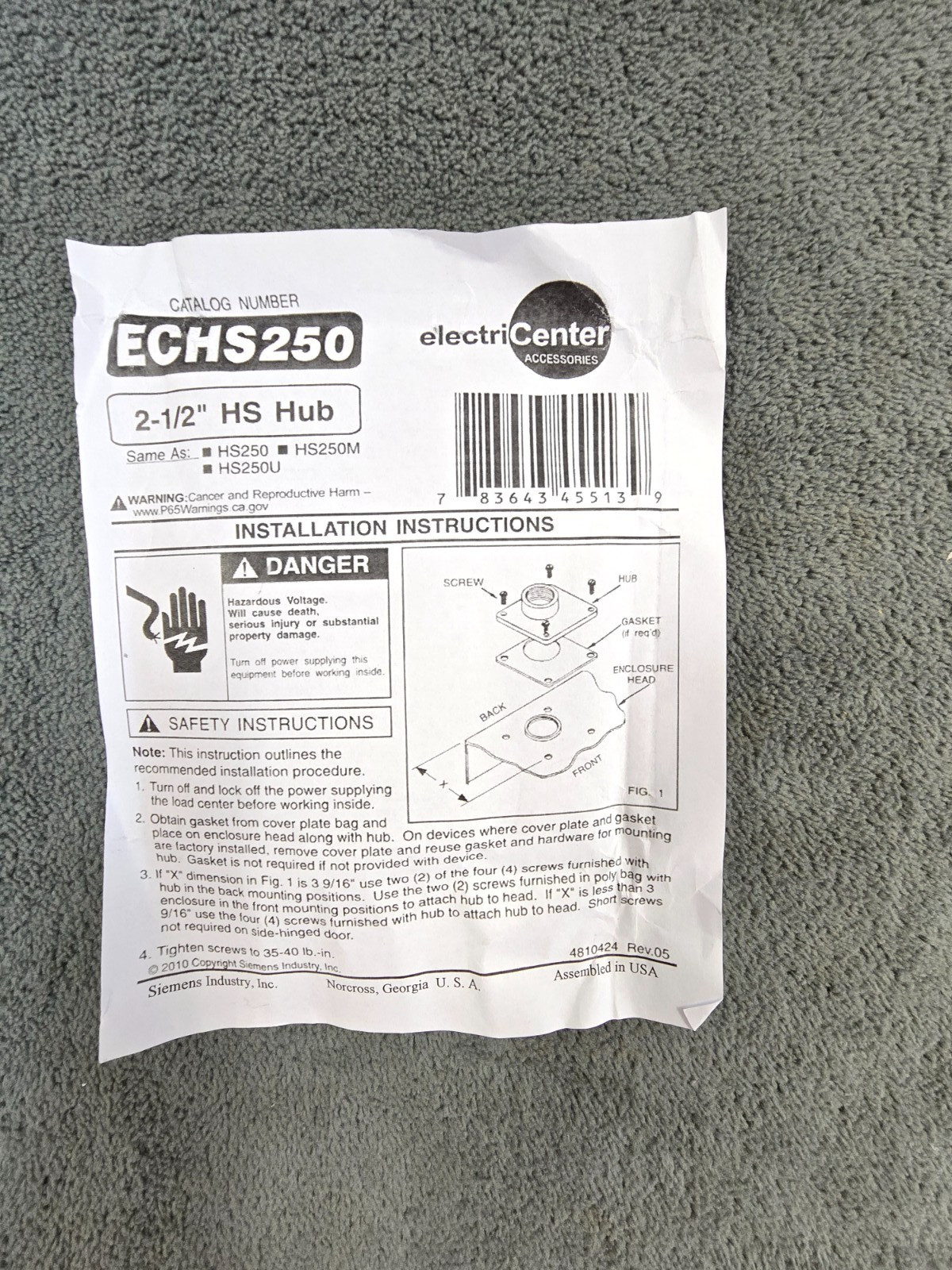 Siemens Electric Center ECHS250 HUB RAIN 2-1/2IN QPP QPPH HQPP