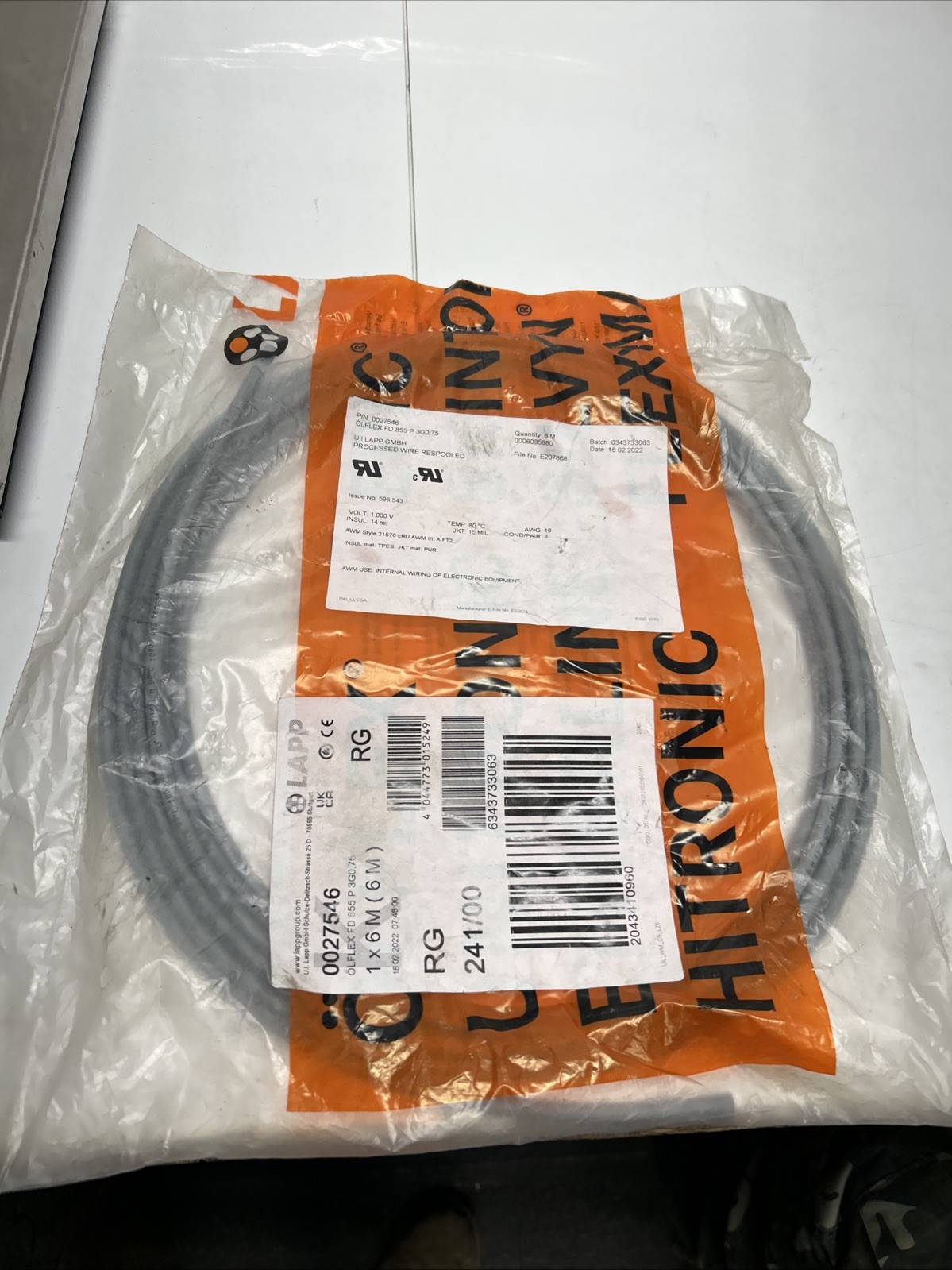 LAPP ÖLFLEX FD 855 P 3G0.75 High Flex Control Cable 6M 0027546 V-073