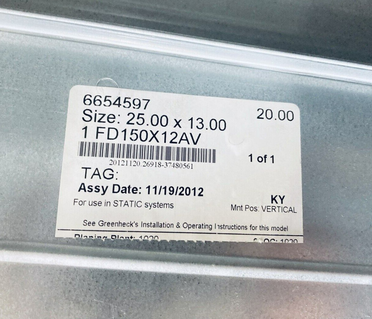 UNUSED GREENHECK FD-150X12-AV-25X13 STATIC FIRE DAMPER 25″X13″ VERTICAL MOUNT