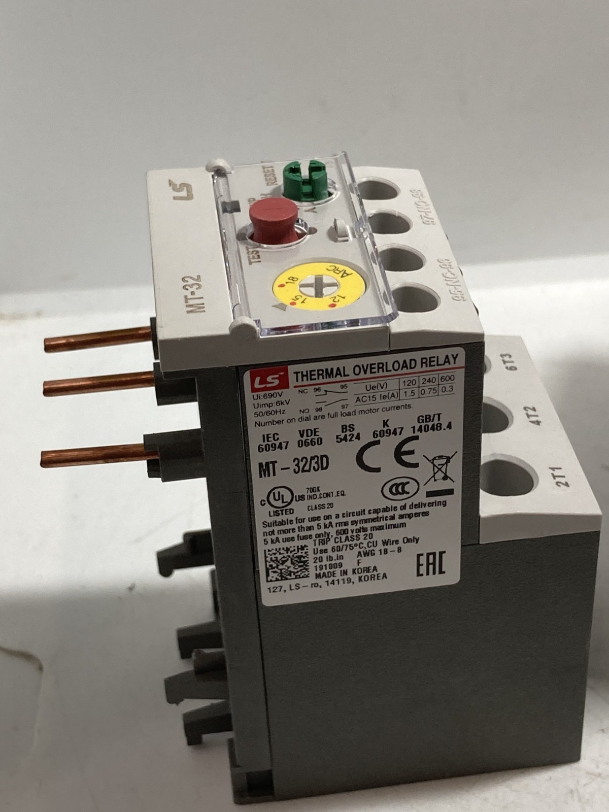 LS ELECTRIC MT-32/3D THERMAL OVERLOAD RELAY 15(12-18)A 120-600V 50/60HZ NIB