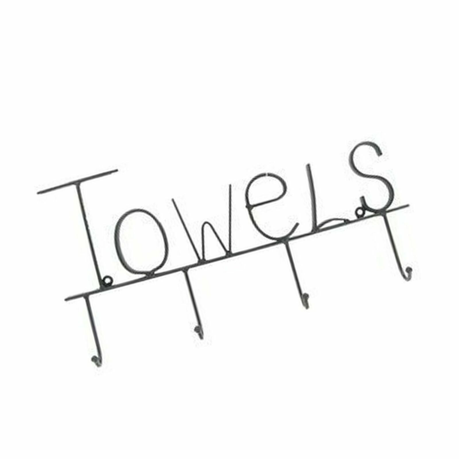 Black Metal Towel Hooks – Word Towels in Modern Lettering – 15″x12″x3″ – 4 Hooks