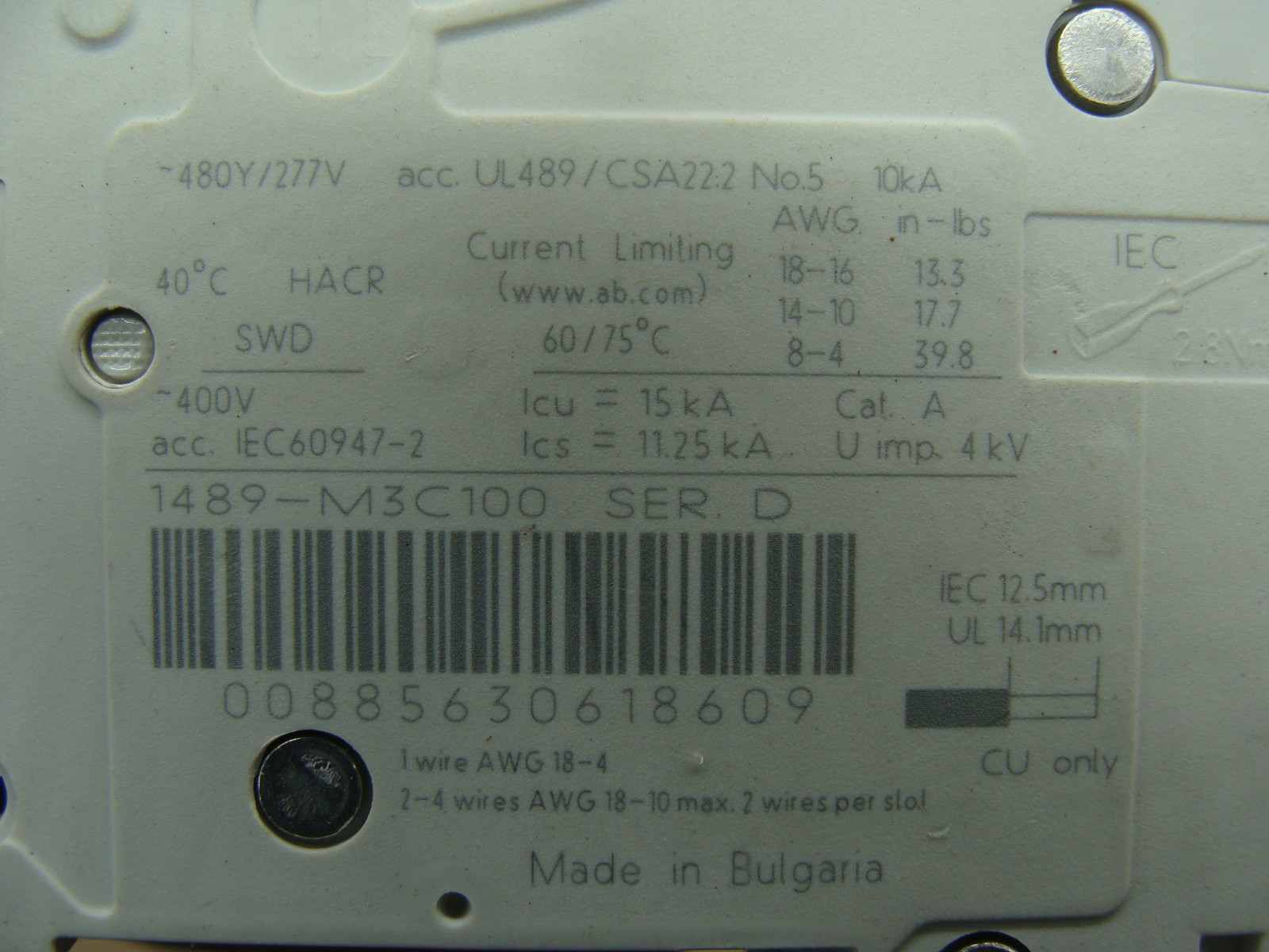 ALLEN BRADLEY CIRCUIT BREAKER 1489-M3C100 C 10A 3P 480Y/277V