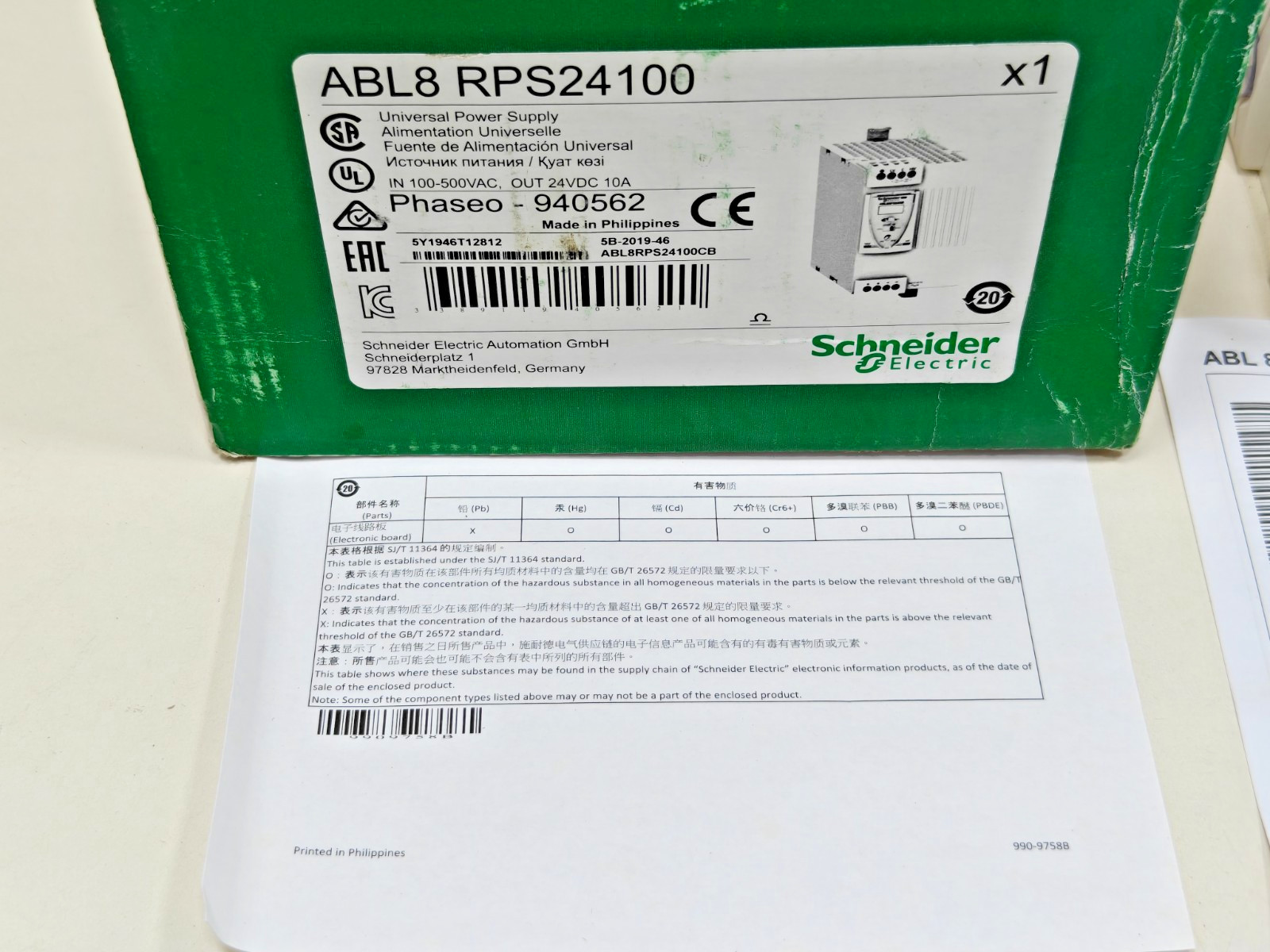 ABL8 RPS24100 Schneider Regulated SMPS 1 or 2 phase 100..500 V – 24V – 10A