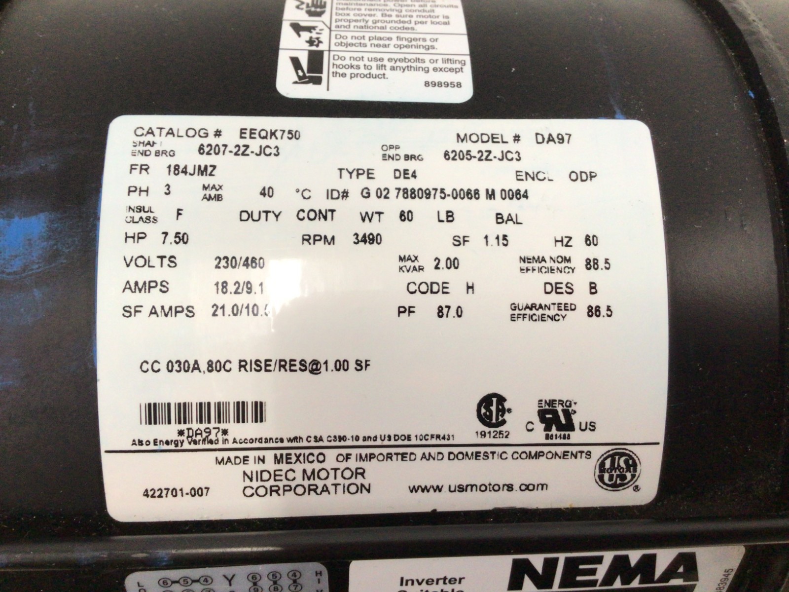 U.S. MOTORS – EEQK750 Pump Motor 7 1/2 HP 208-230/460V AC