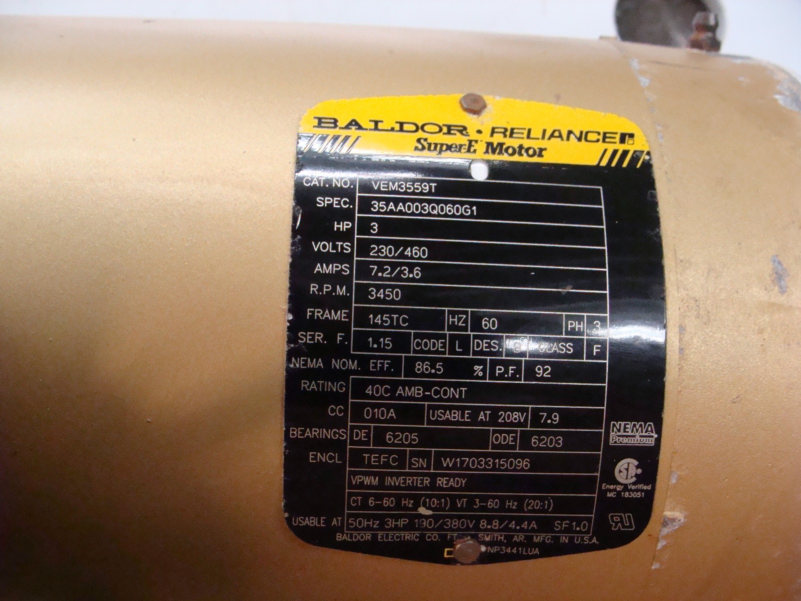 BALDOR RELIANCE SUPER E MOTOR VEM3559T 3HP 230/460V 7.2/3.6A 3450RPM 3PH