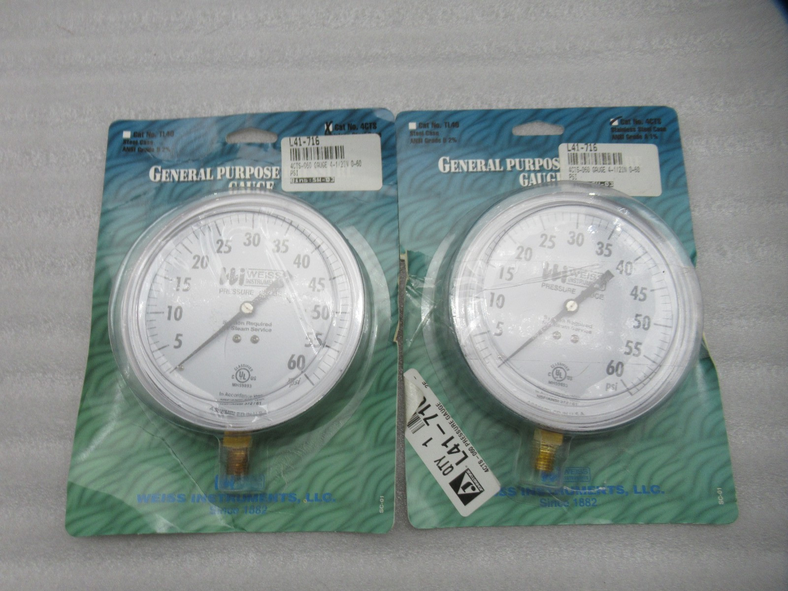 Lot of 2-Weiss 4CTS-060 Pressure Gauge 0-60PSI 4-1/2″ Stainless Steel Case 1/4″