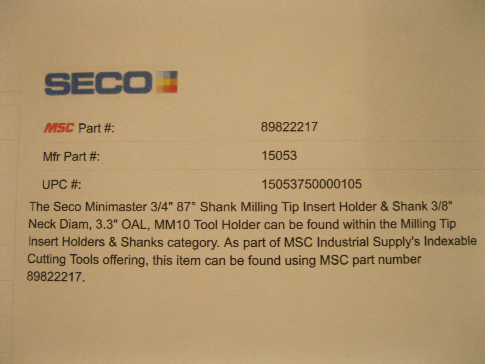 Seco Minimaster 3/4″ 87deg; Shank Milling Tip Insert Holder Machinist Tools