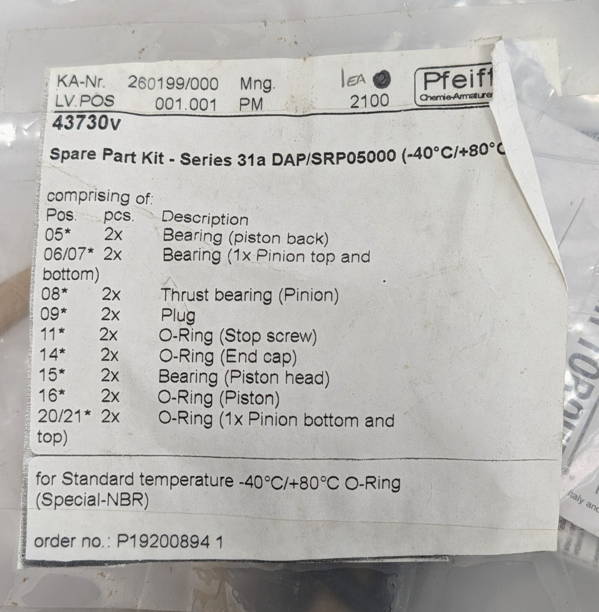 Pfeiffer Spare Part Kit 43730v, Series 31a DAP/SRP05000, KA-Nr. 260199/000.