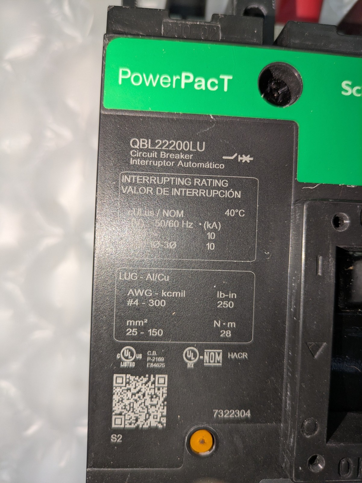 SCHNEIDER ELECTRIC POWERPACT QBL22200LU CIRCUIT BREAKER 50/60HZ