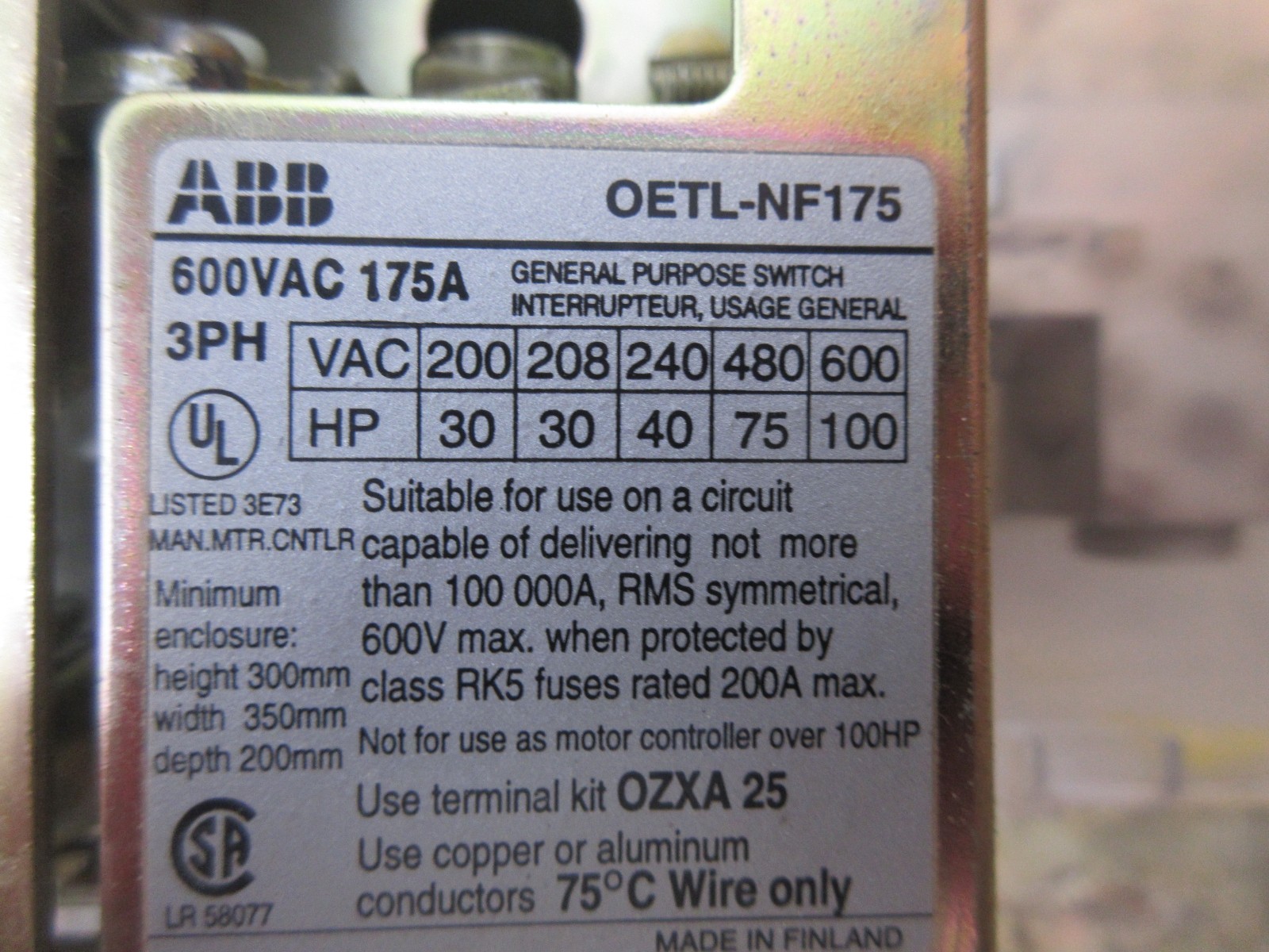 HARDINGE COBRA LC-65 CNC LATHE ABB OETL-NF175 65988 B MAIN POWER ON OFF SWITCH