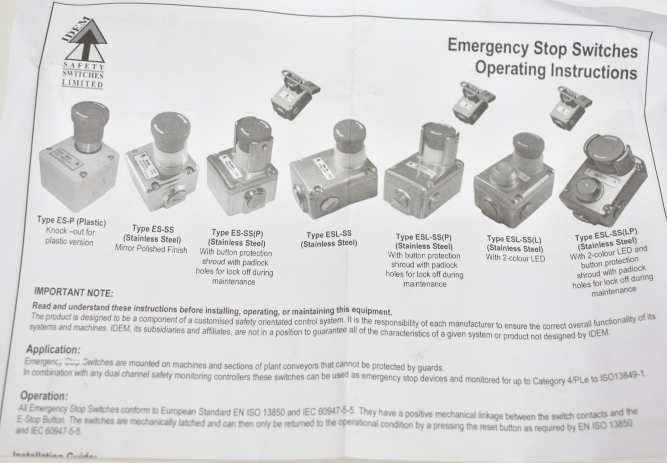 NEW IDEM ESL-SSP-232010 Emergency Stop Safety Switch 316 SS IP69K 2NC 2NO