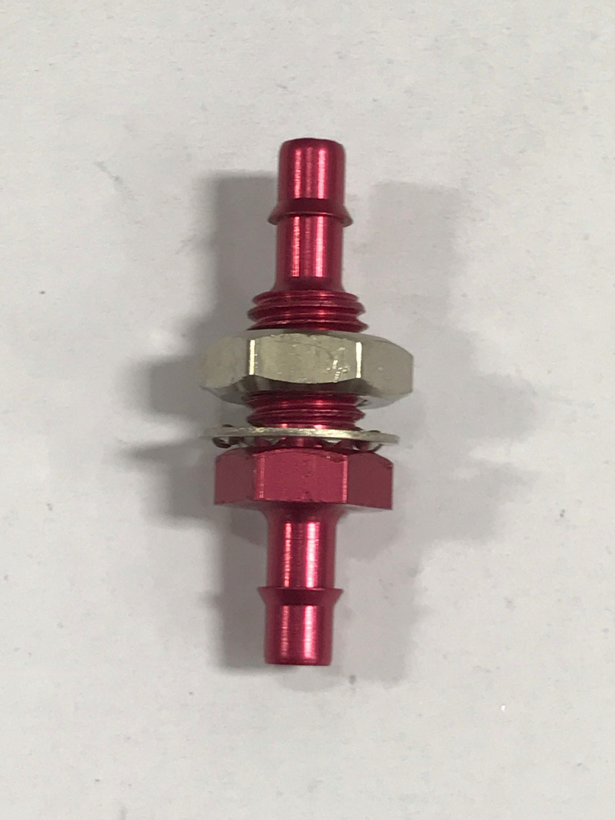 Red anodized aluminum bulkhead fitting, 1/4-28 UNF thread to 1/8 ID tubing barb