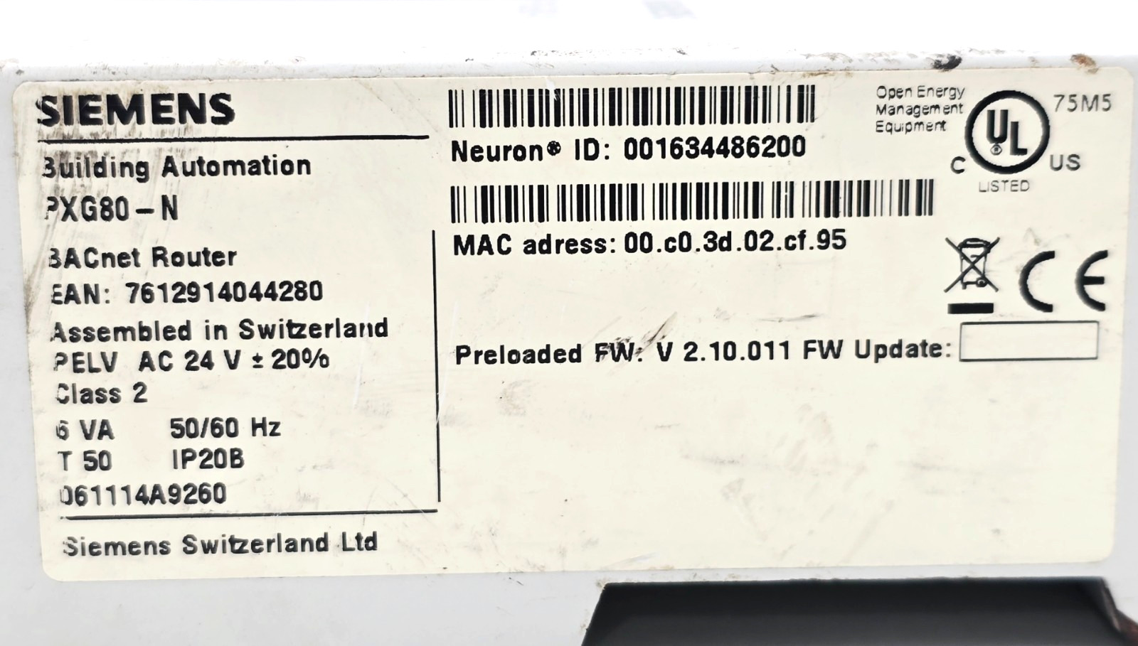 SIEMENS PXG80-N BACNET ROUTER
