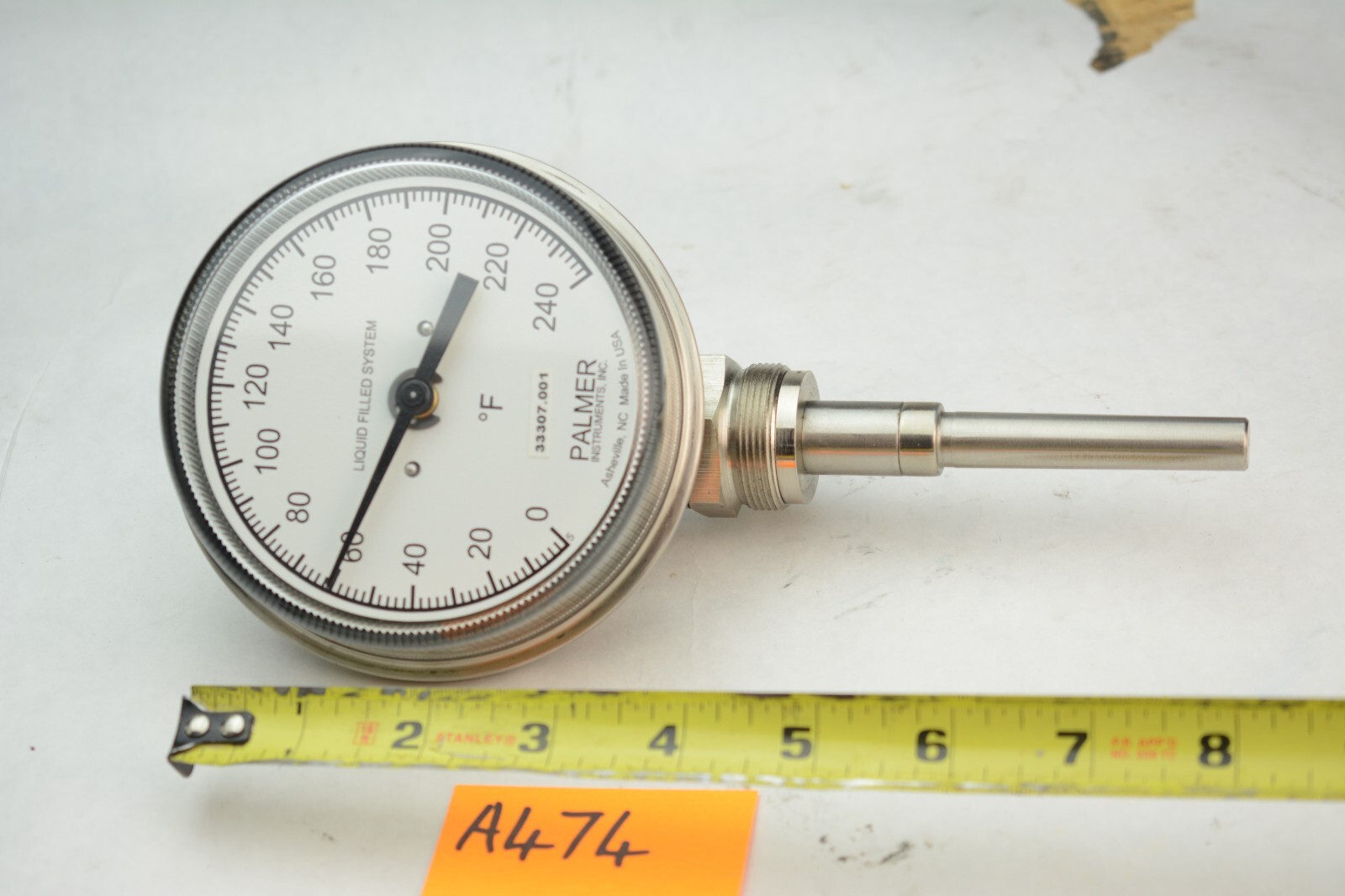 Palmer Industrial Temperature Gauge Liquid filled 0-240F Glass Face