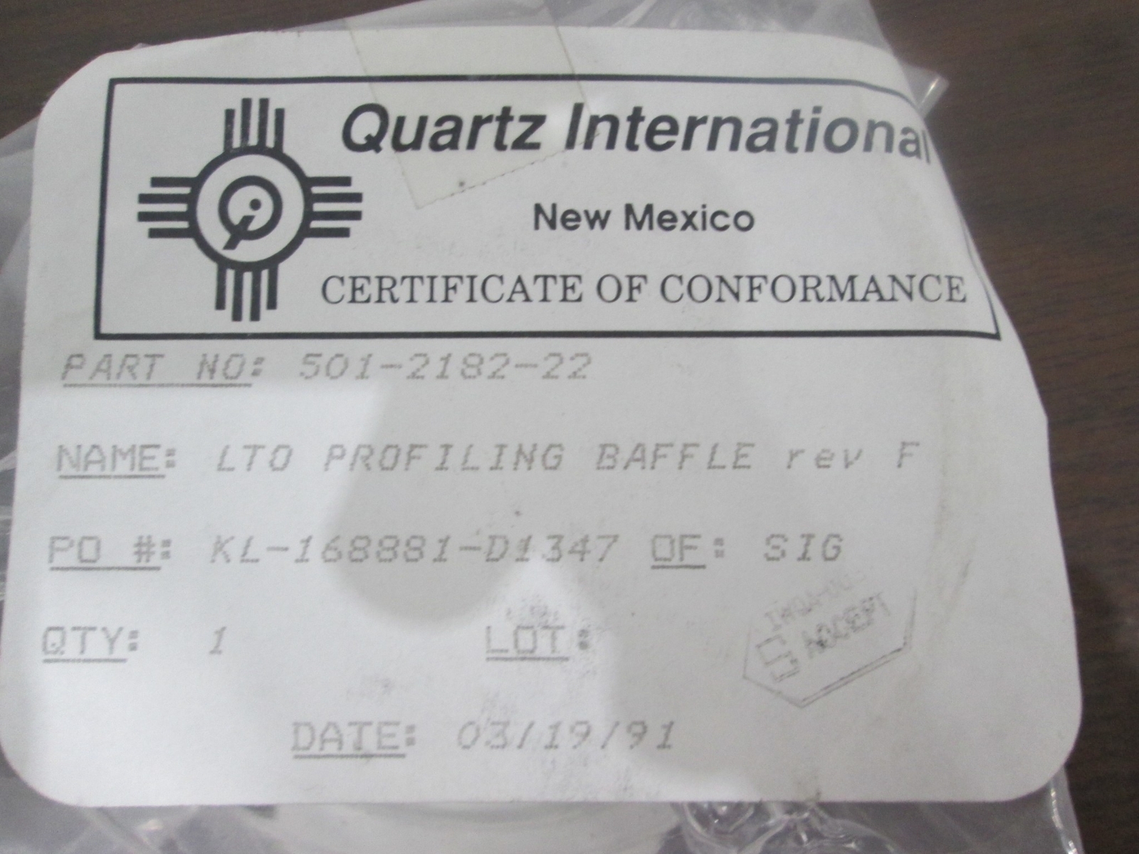 Quartz International, 501-2182-22, Clear LTO Profiling Baffle, New