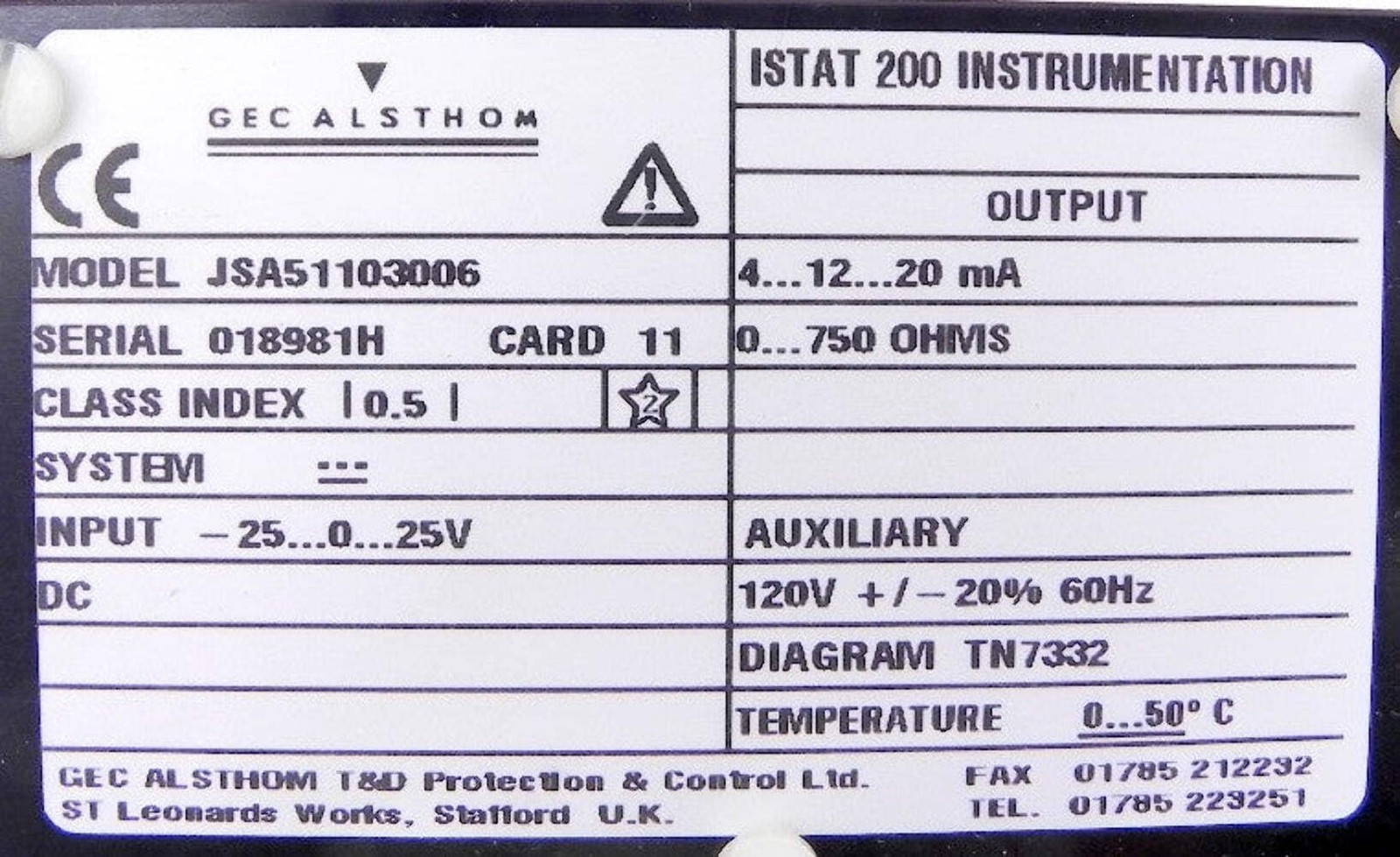Gec Alsthom Istat 200 DC Voltage Module JSA51103006