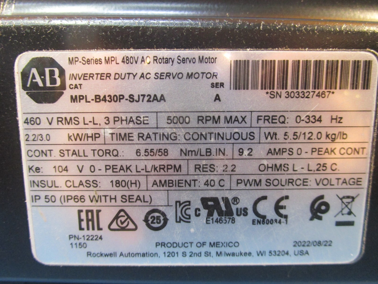 ALLEN BRADLEY MPL-B430P-SJ72AA, Inverter Duty AC Servo Motor, 460 V, Frame Size