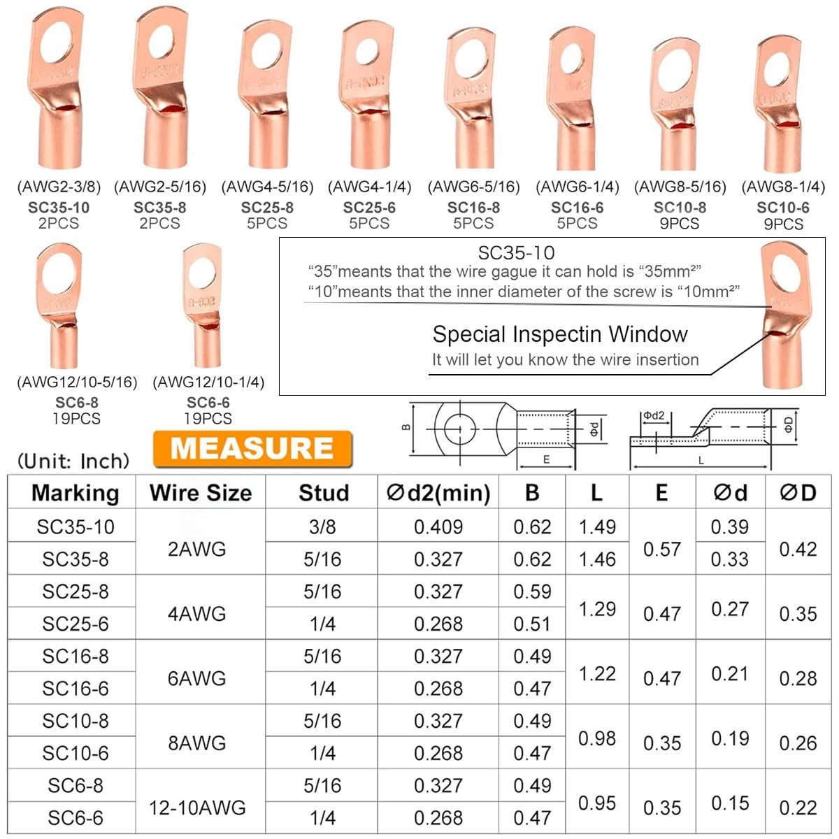 160Pcs Copper Wire Lugs AWG 2 4 6 8 10 12 Kit Battery Cable Ends Ring Terminals