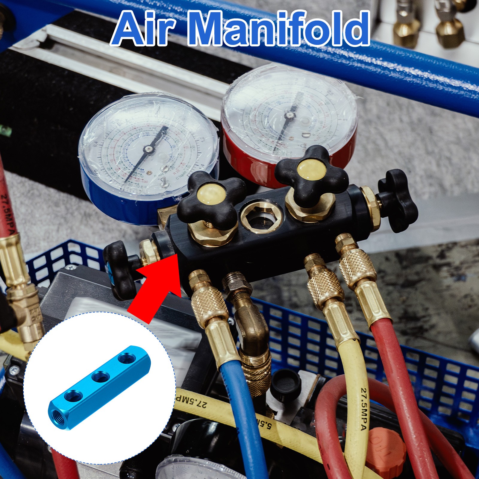 3 Way 6 Port PT 1/4″ Air Hose Inline Manifold Block Splitter, Blue