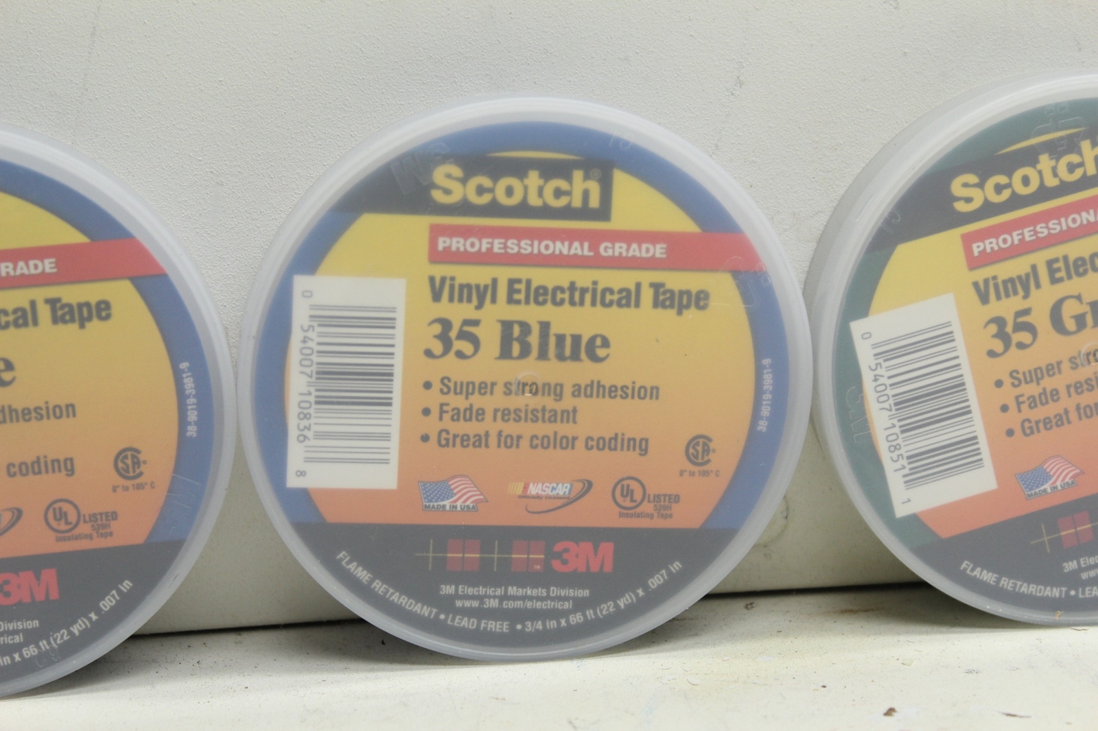Scotch Vinyl Electrical Tape 35 (1) White (1) Green & (2) Blue 3/4″ X 66′ Rolls