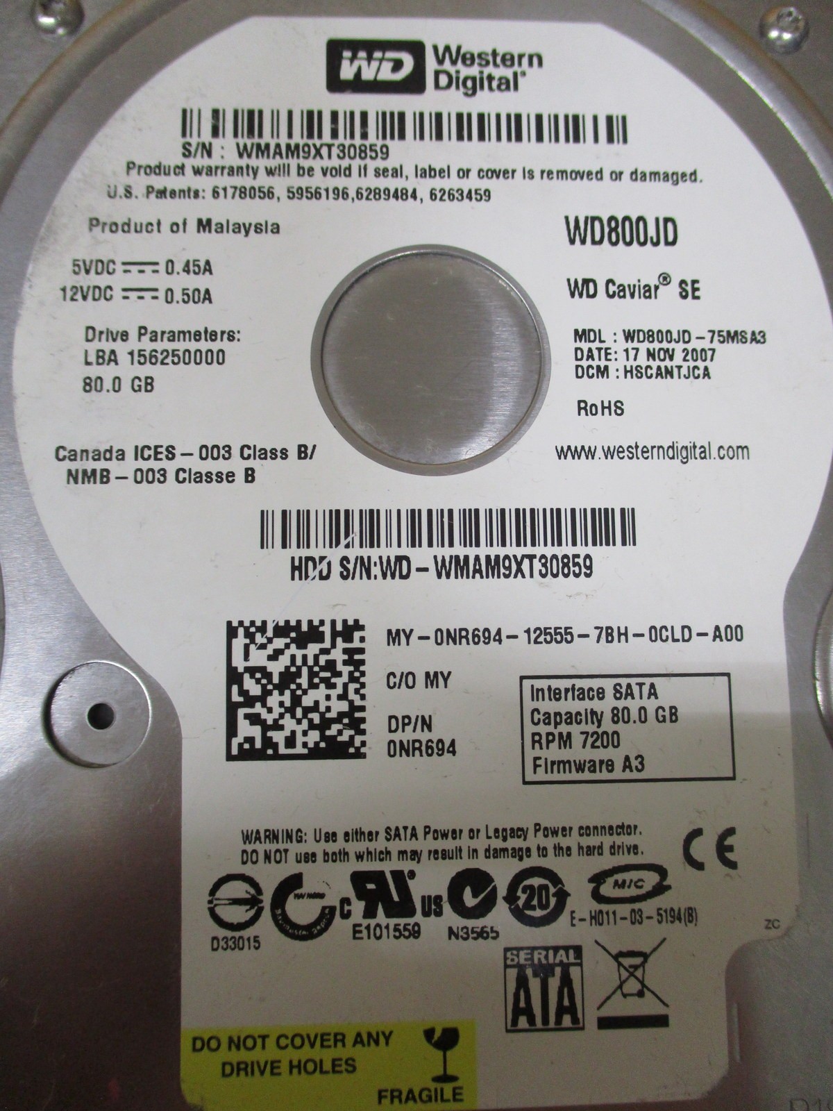 Western Digital WD800JD-75MSA3 80GB Internal Hard Drive HDD WD800JD