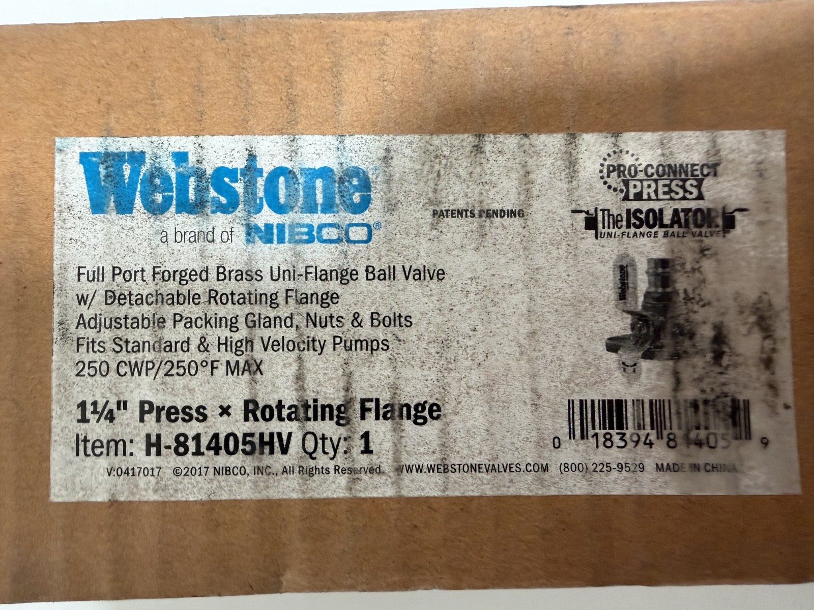 Webstone H-81405HV 1-1/4″ Press Isolator Valve Rotating Flanged