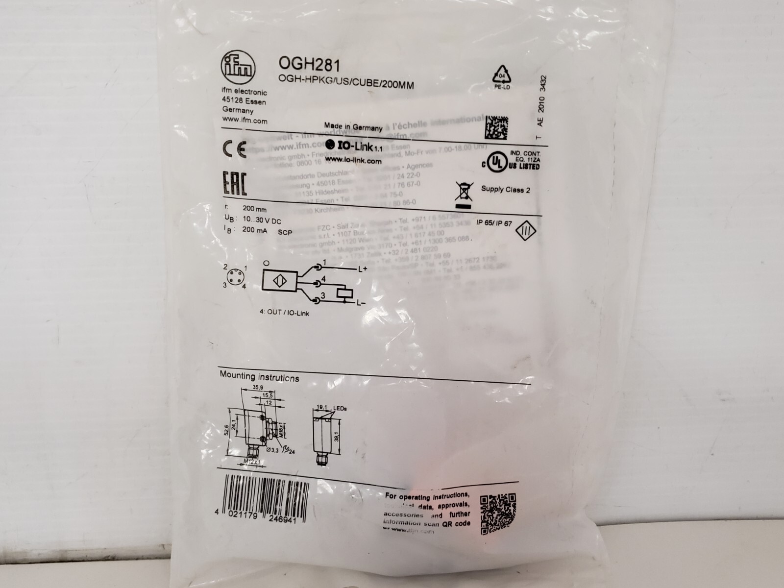 IFM ELECTRONIC OGH-HPKG/US/CUBE/200MM DIFFUSE REFLECTION SENSOR (OGH281) NIB