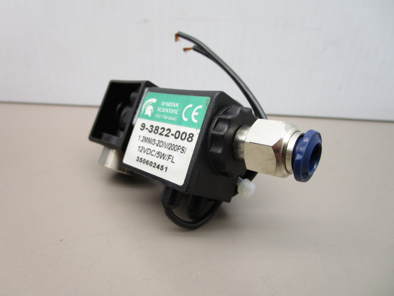 Spartan 9-3822-008 Pneumatic Solenoid Valve 1.2MM/3-2DIV/200PSI 12V/5W/FL
