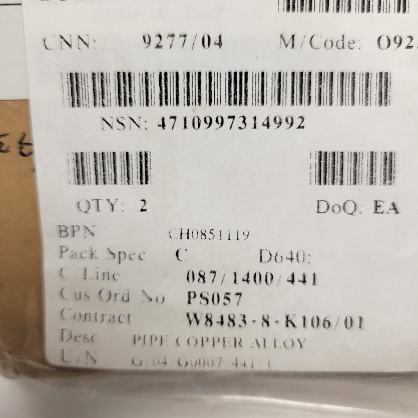 4710-99-731-4992 COPPER ALLOY PIPE 4710997314992 997314992 CH0851119