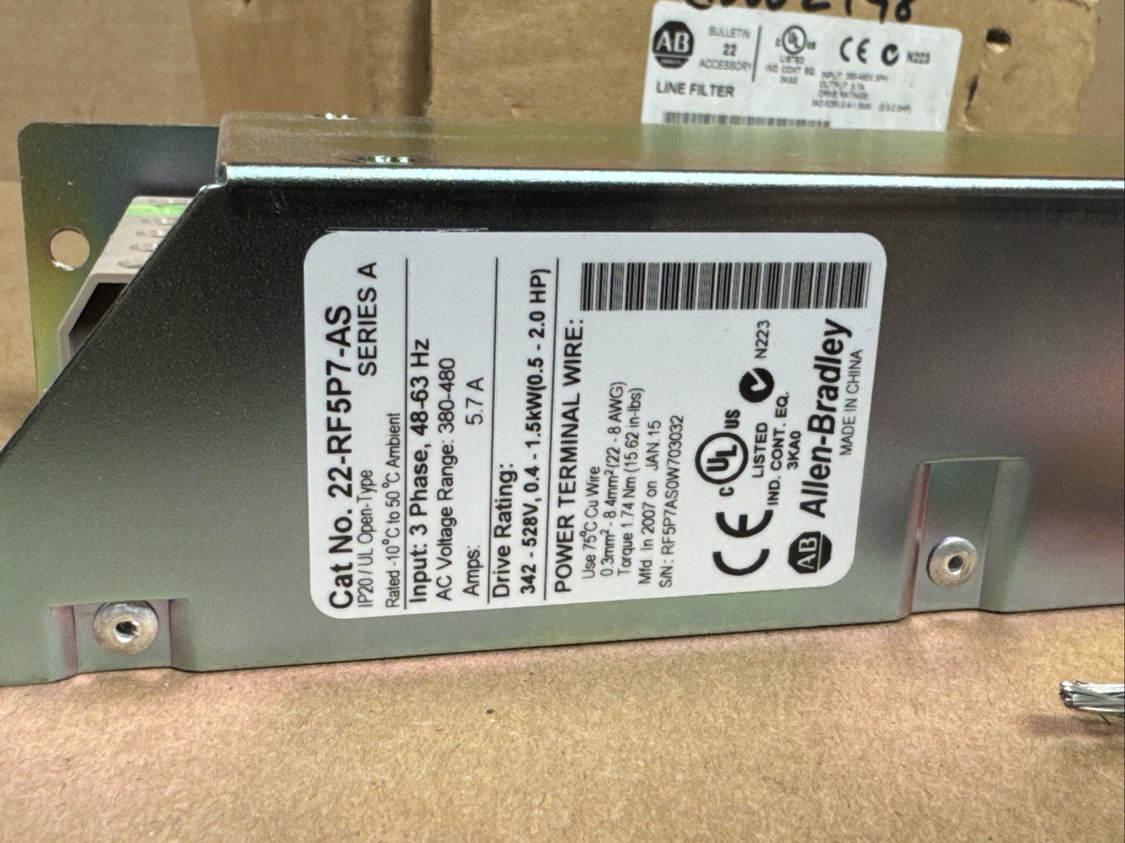 NEW Allen Bradley 22-RF5P7-AS /A Line Filter 0.5-2HP 0.4-1.5kW FAST SHIPPING