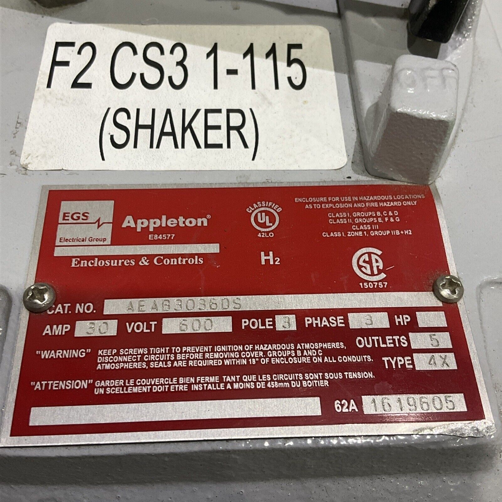 APPLETON AEAB3036DS 30A 600V 3P 3PH ARCONIC F2 CS3 1-115 SHAKER 480 V 30 A