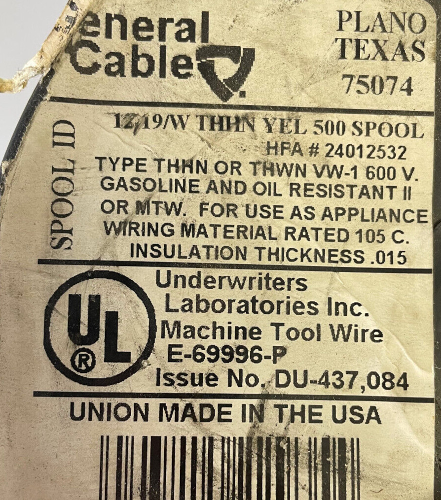 General Cable 12 AWG Yellow Wire 12/19W THHN/THWN/MTW VW-1 600V GAS & OIL 100Ft