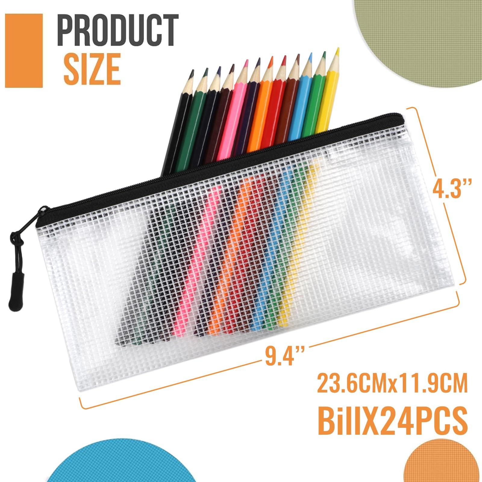 24pcs Mesh Zipper Pouch Bags 9.3 x 4.7 Inches, Black Small Clear A6,