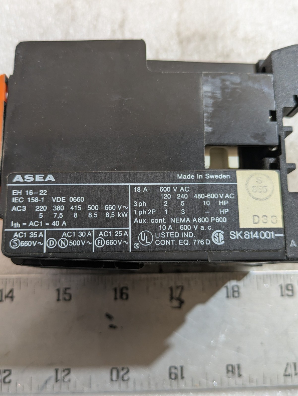 ASEA EH‑16‑22 3‑Pole Industrial AC Contactor EH16‑22 40A 600VAC Electrical Autom