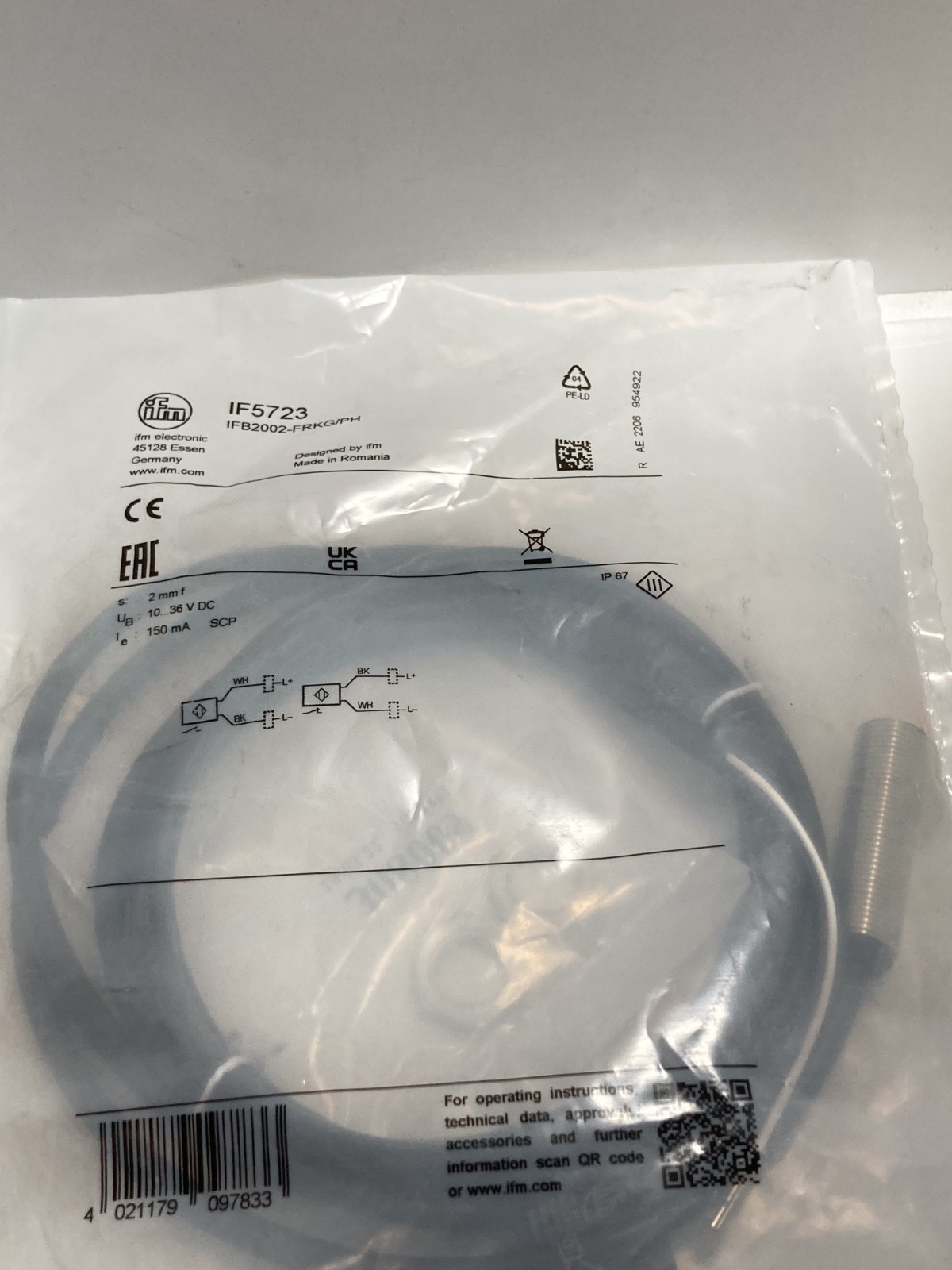 IFM IFB2002-FRKG/PH (IF5723) INDUCTIVE SENSOR 2MM SEN 10-30VDC 150MA NIB