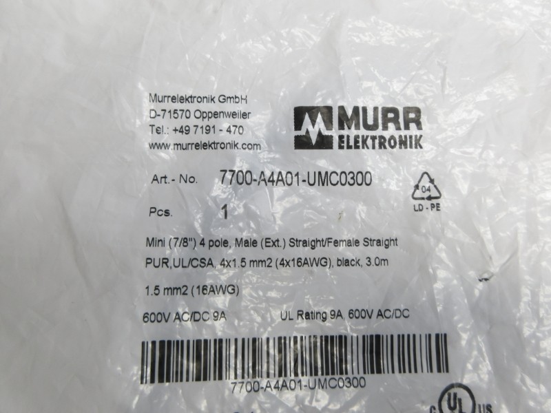 MURR ELEKTRONIK 7700-A4A01-UMC0300 600VAC 9A NSMP