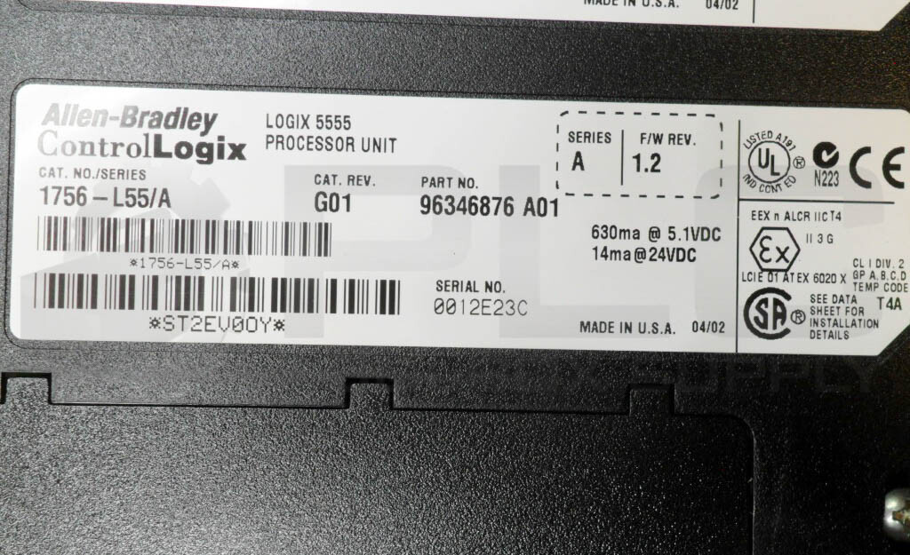 ALLEN BRADLEY 1756-L55 /A PROCESSOR UNIT W/ 1756-M14 /A EXP MEM *READ*