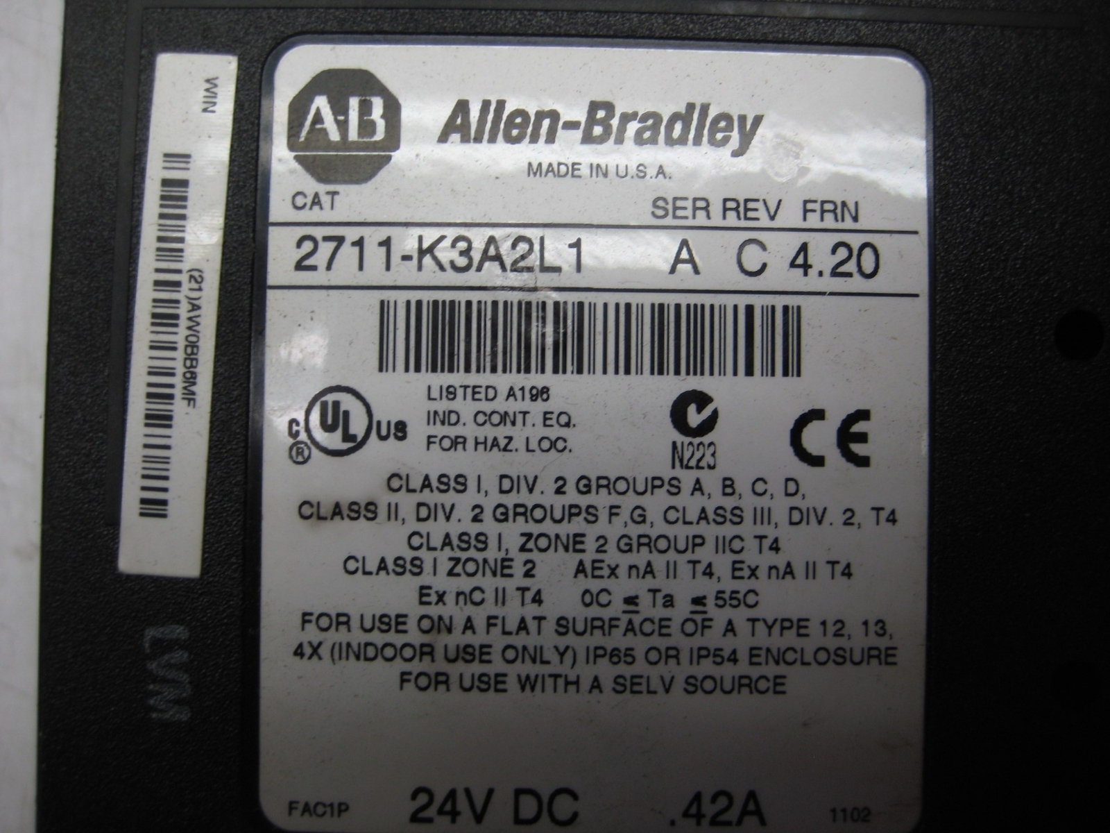 ALLEN BRADLEY 2711-K3A2L1 SER.A PANEL VIEW (AS PICTURED) UNMP