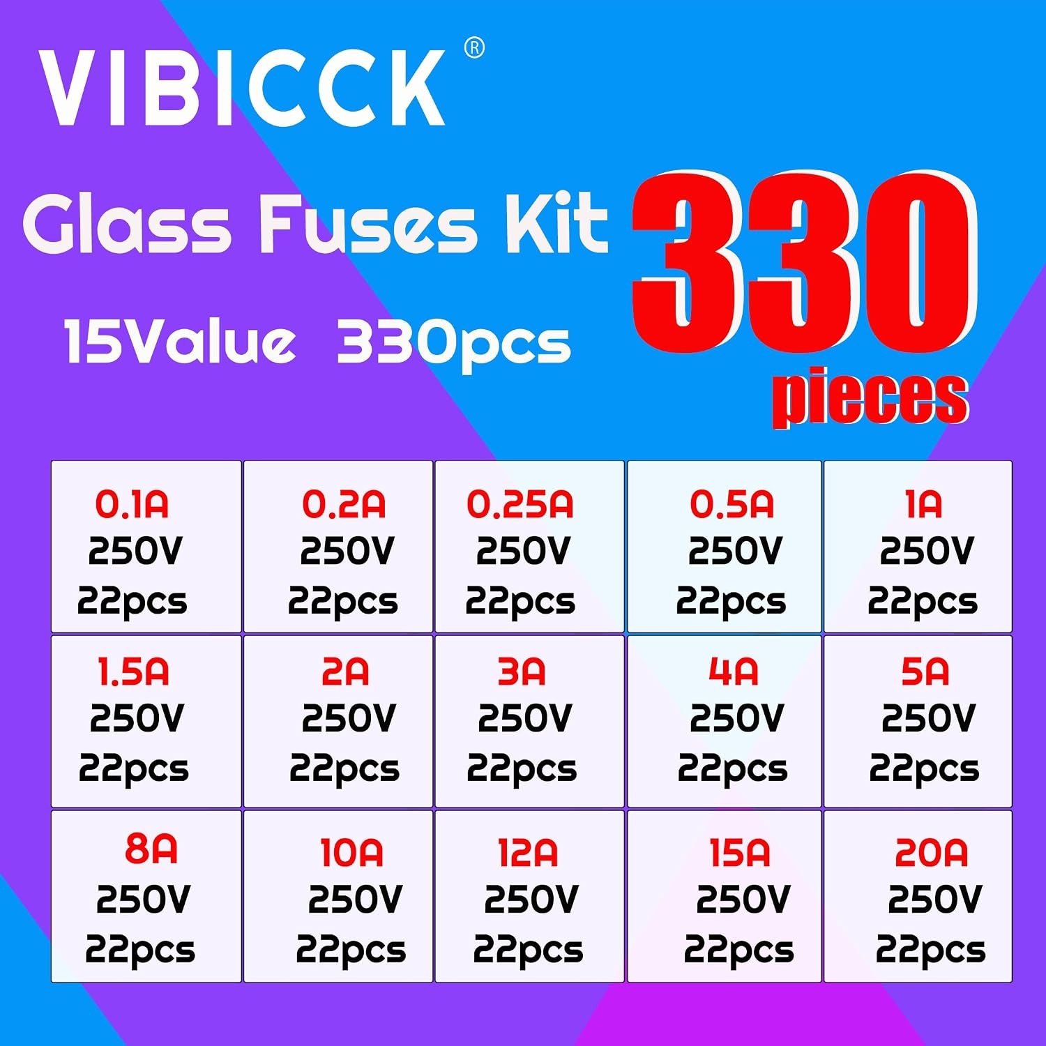 330Pcs 15Values Fast-Blow Glass Fuse Assortment Kit, 250V 0.1A/ 0.25A/ 0.2A/ 0.5