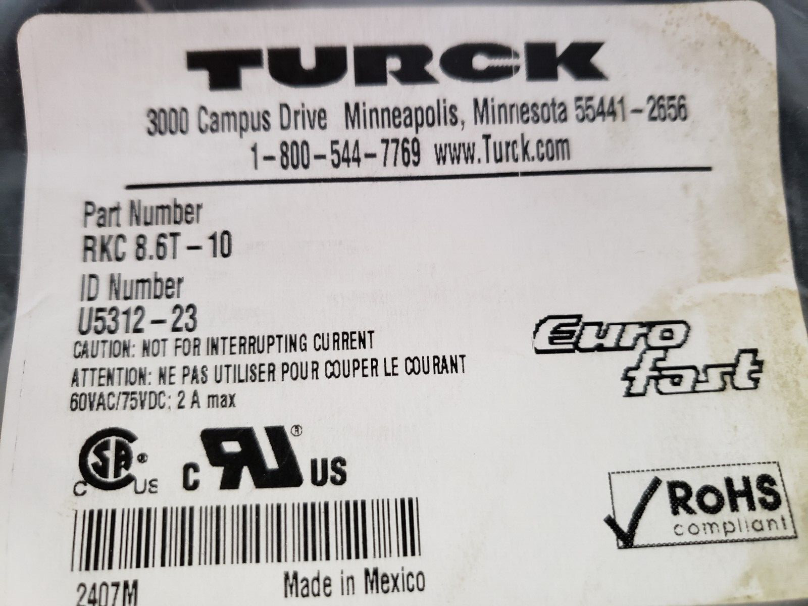 TURCK RKC 8.6T-10 CORDSET SINGLE ENDED FEMALE M12 EUROFAST (U5312-23) NIB