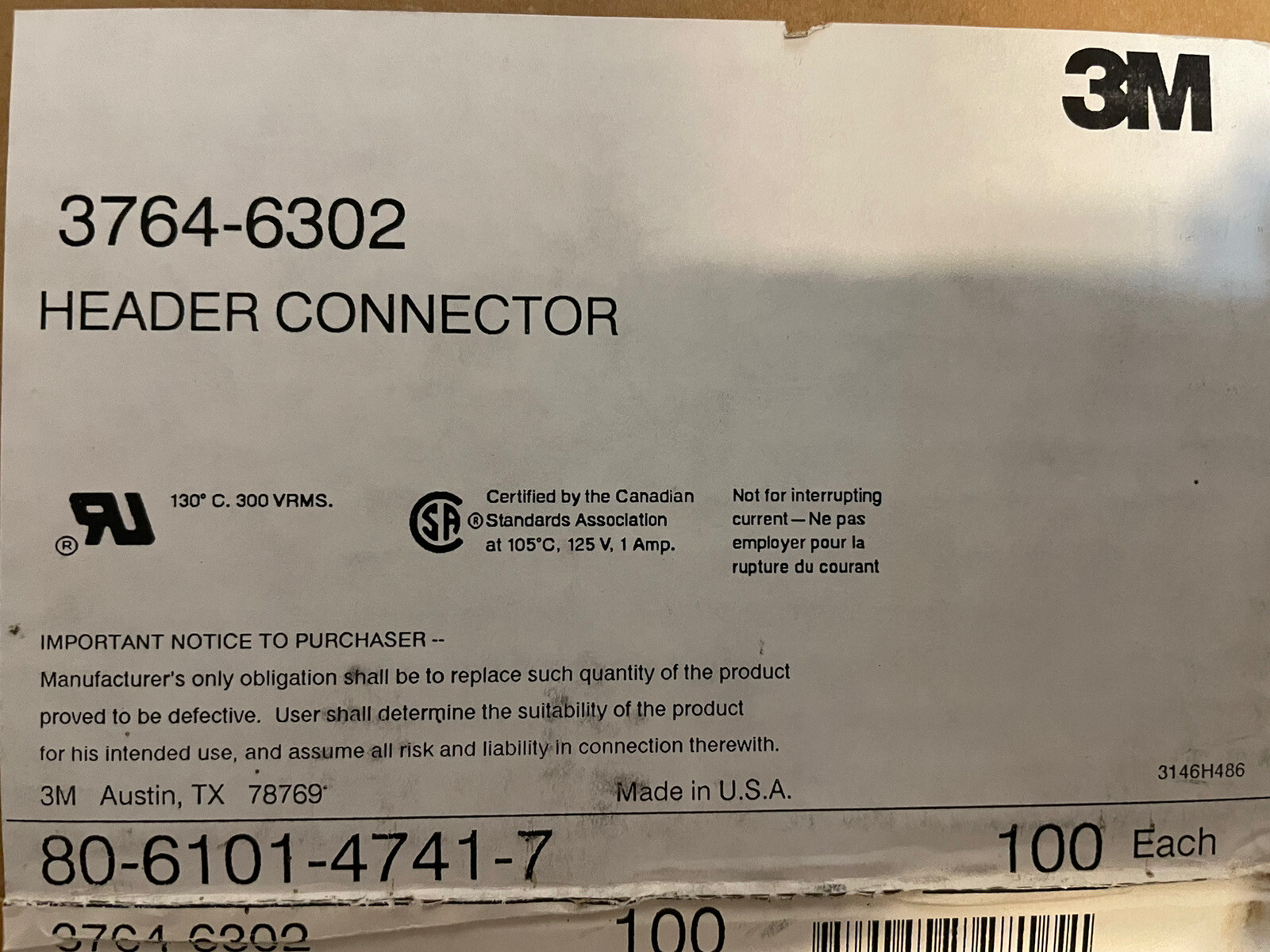 3M 3764-6302 Pin Header Connector Lot 100 PCB Board Connectors New