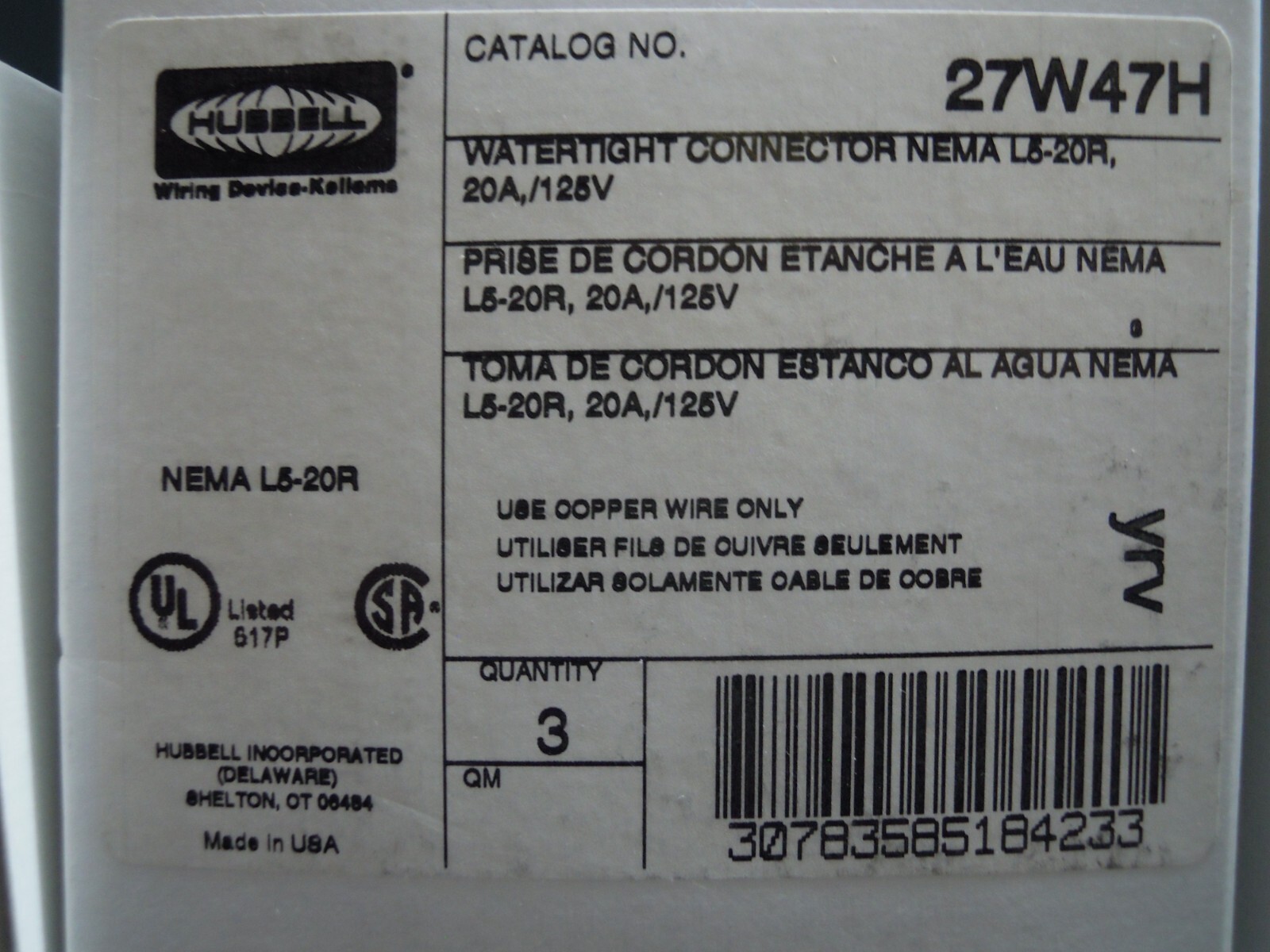 HUBBELL 27W47H WATERTIGHT PLUG FEMALE RECEPTACLE CONNECTOR 20A 125V 2D 3W *NEW
