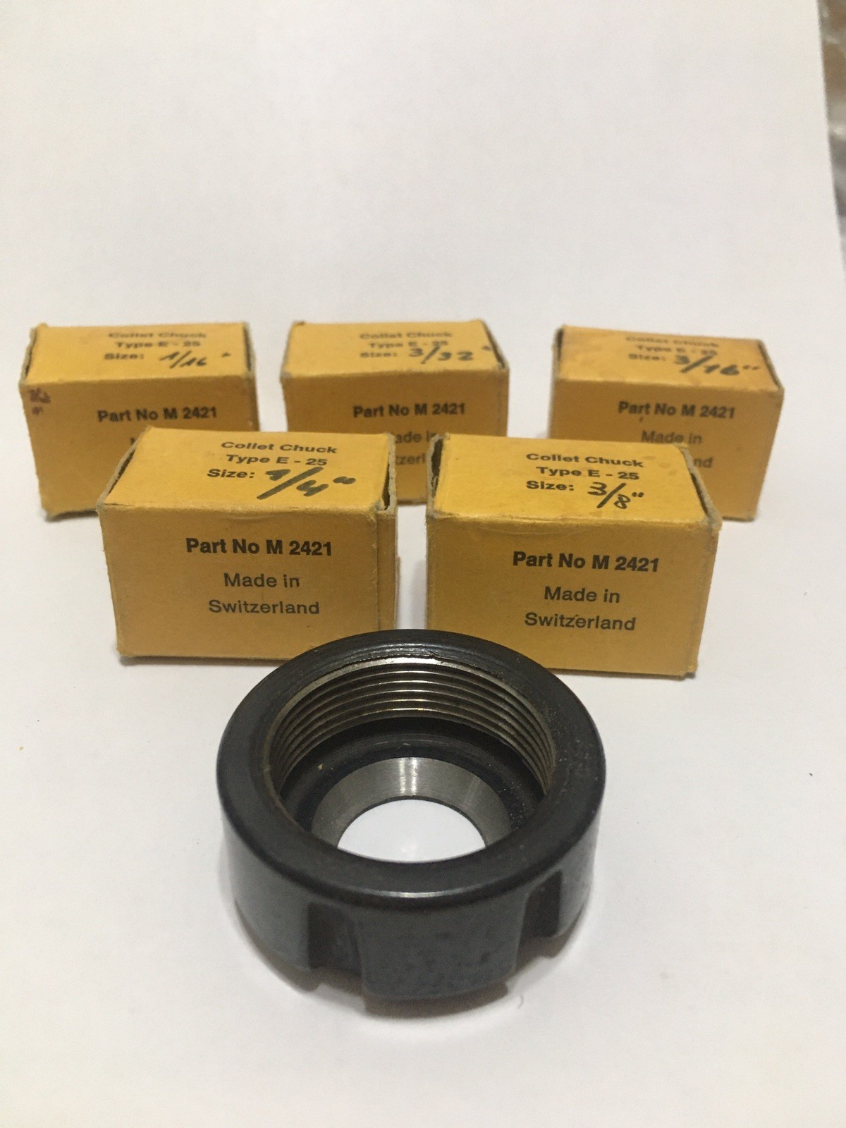 Lot of 5 Swiss E25 Collets with Mounting Nut E-25 Excellent Condition!