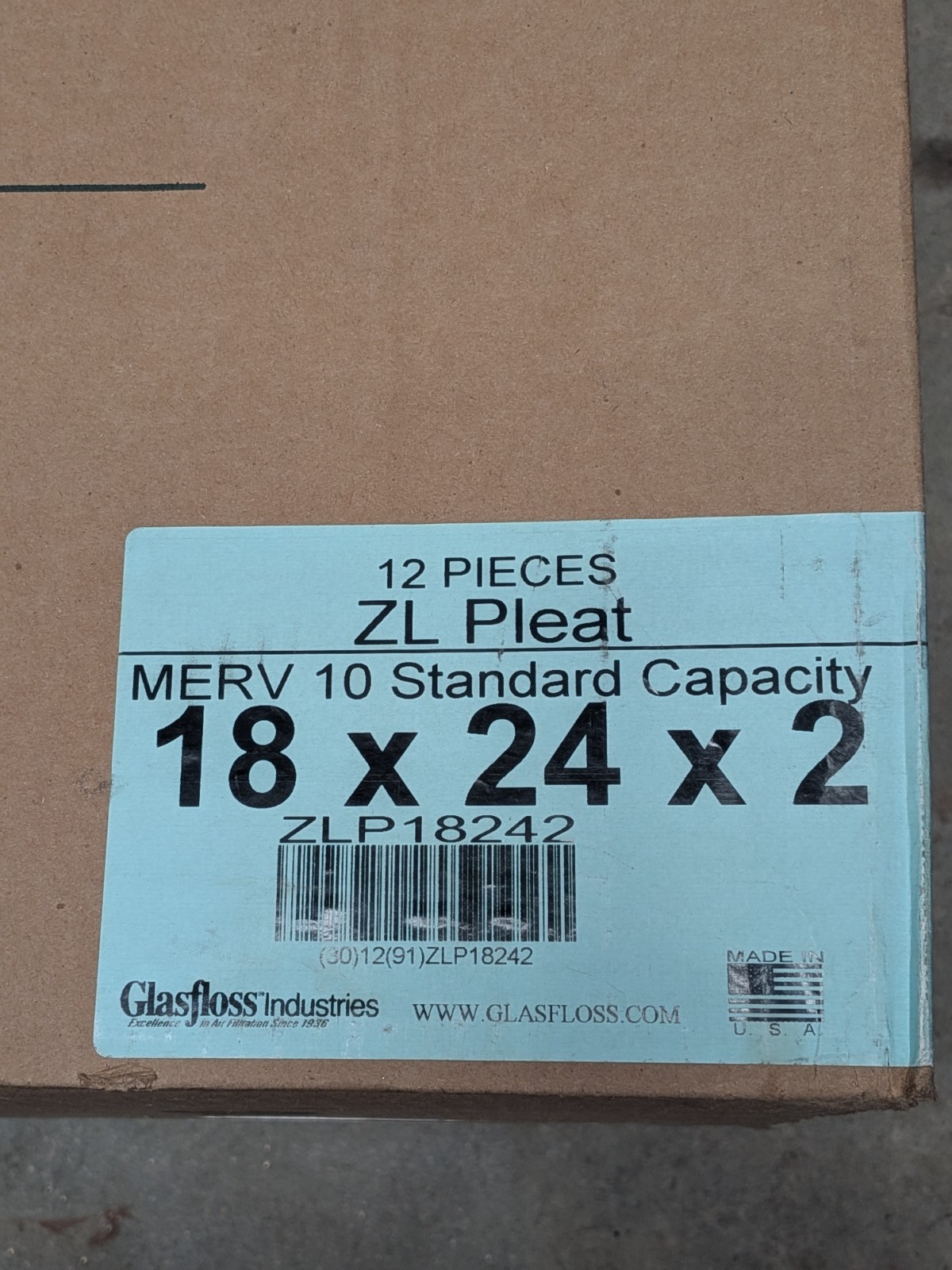 Glasfloss Industries 18x24x2 ZLP18242 Box of 12 ZL Pleat Filters MERV 10